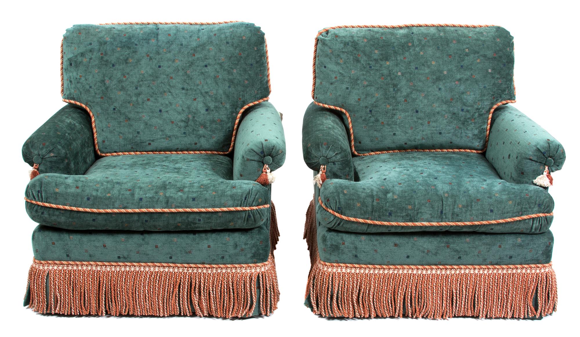 A Pair of Upholstered Armchairs Height 30 x width 35 x depth 36 inches. — 20TH CENTURY