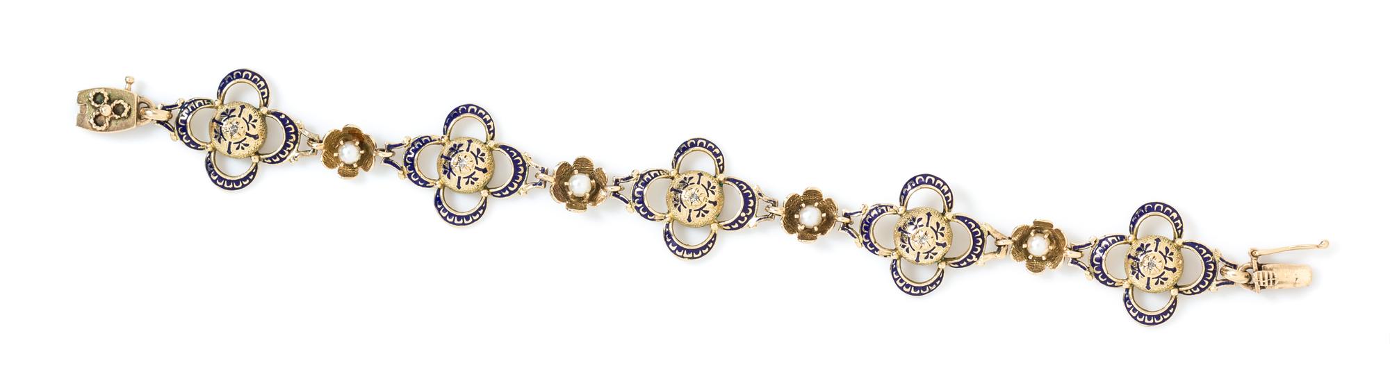 A 14 Karat Yellow Gold, Diamond, Cultured Pearl and Enamel Bracelet, 11.70 dwts.