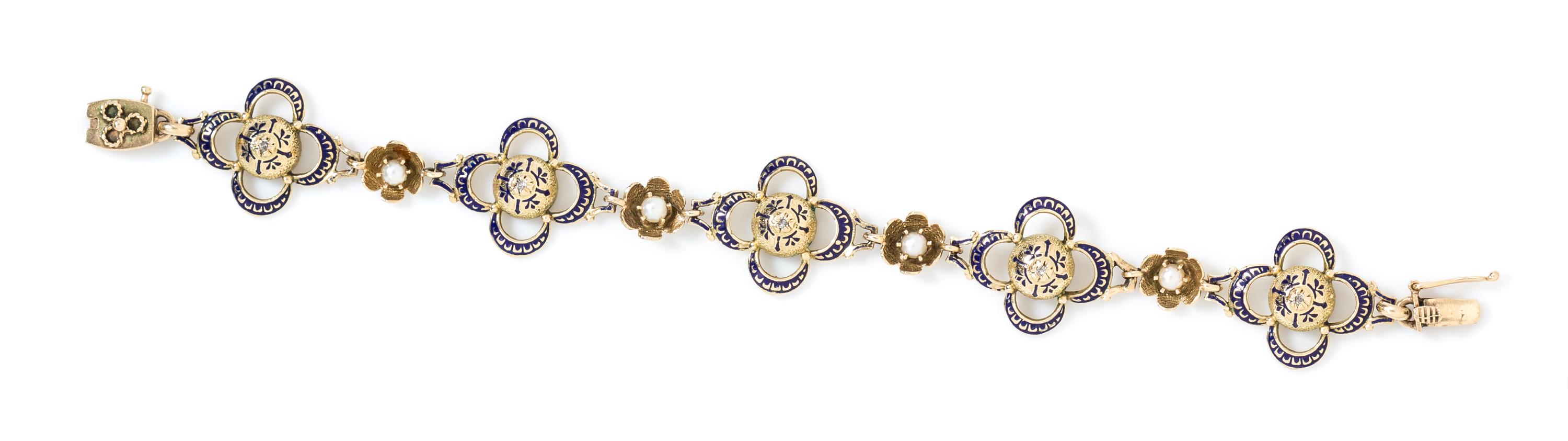 A 14 Karat Yellow Gold, Diamond, Cultured Pearl and Enamel Bracelet, 11.70 dwts.