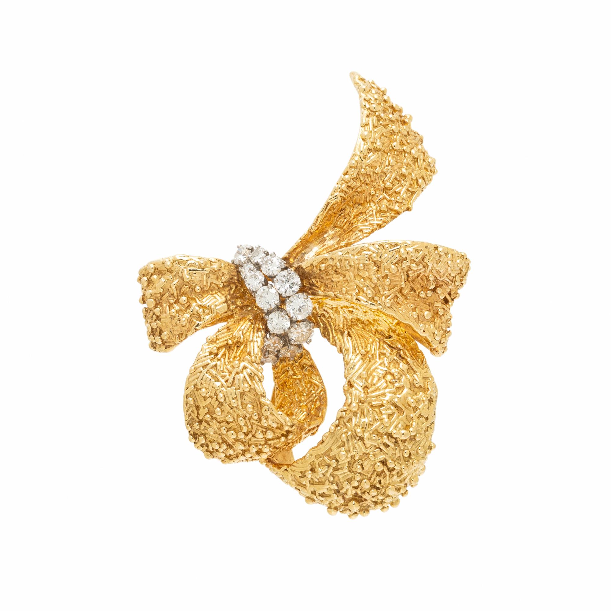 YELLOW GOLD AND DIAMOND BOW BROOCH