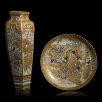 A Japanese Satsuma Type Vase and a Satsuma Dish, Meiji Period