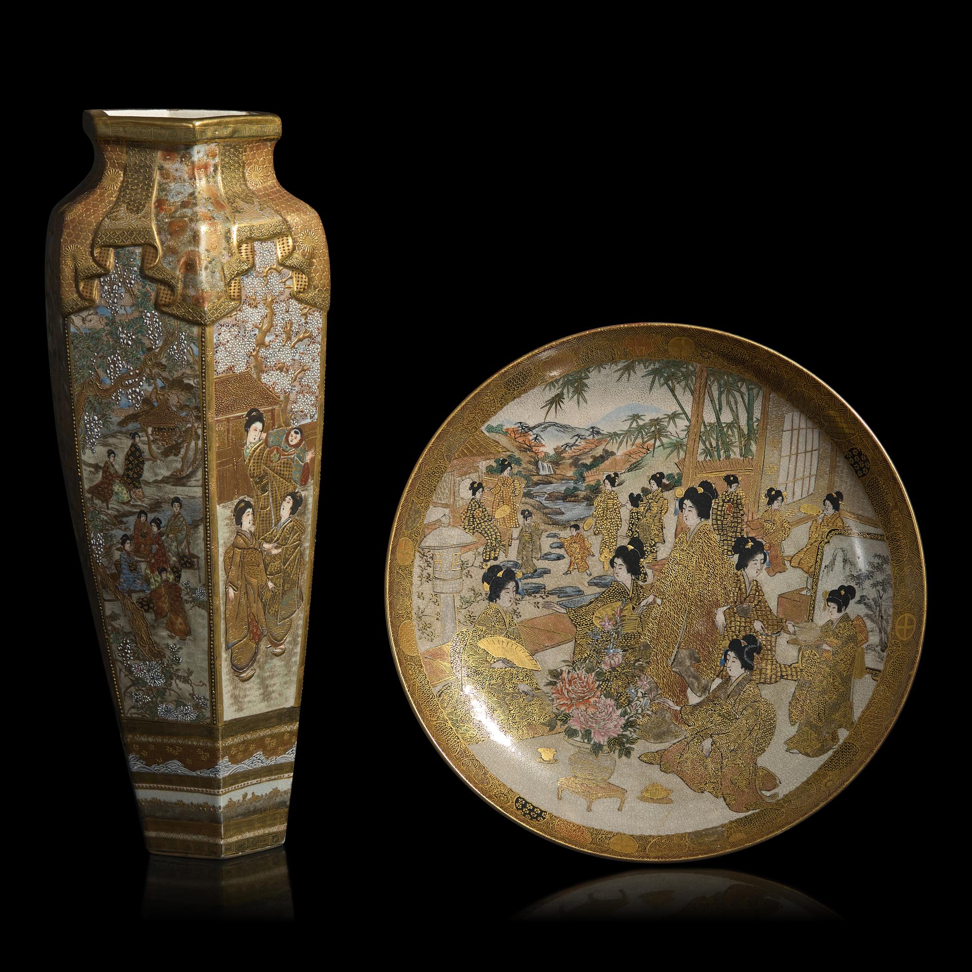 A Japanese Satsuma Type Vase and a Satsuma Dish, Meiji Period