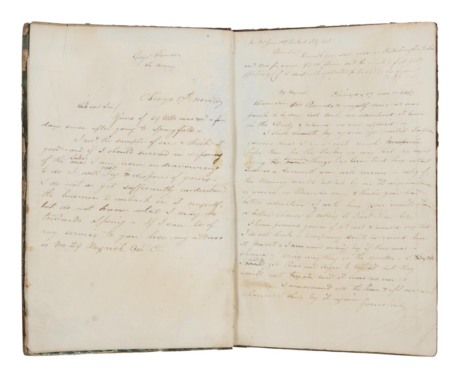[CHICAGO HISTORY - CHICAGO FIRE]. MANUSCRIPT LEDGER of D. Clark and Company, Chicago, 1849-1873.
