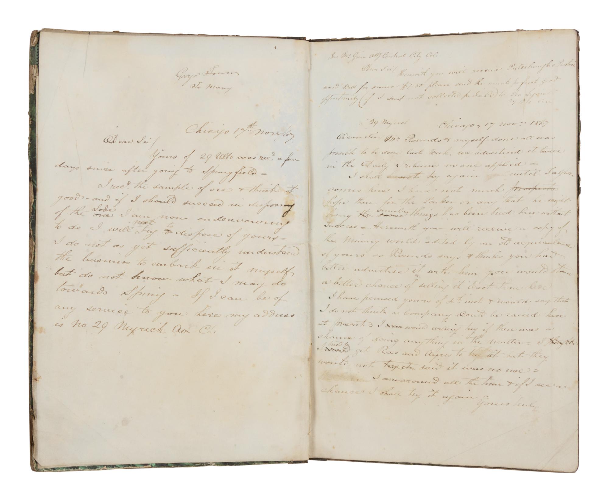 [CHICAGO HISTORY - CHICAGO FIRE]. MANUSCRIPT LEDGER of D. Clark and Company, Chicago, 1849-1873.