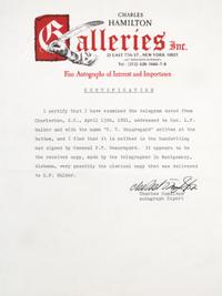 (CIVIL WAR) FORT SUMTER. Highly important MS telegram, from General Pierre G.T. Beauregard to L.P. Walker, April 13, 1861.