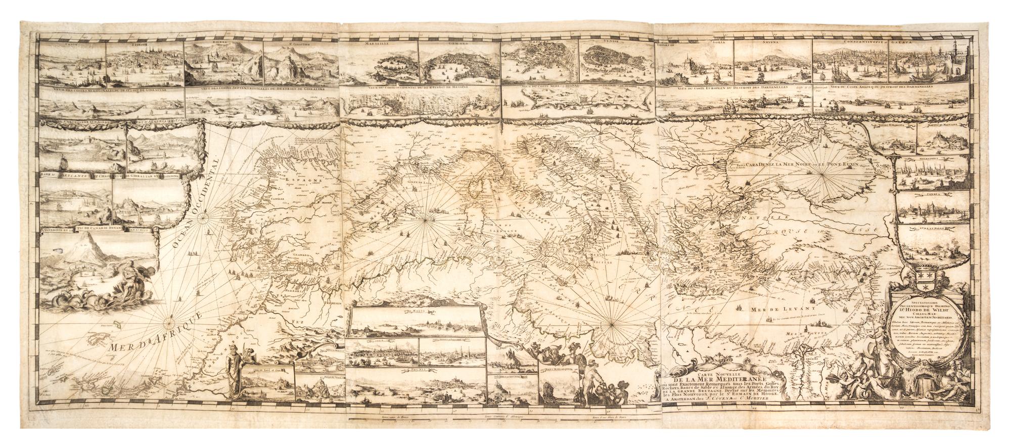 (MAP) (MORTIER, PIERRE) DE HOOGHE, ROMEYN DE. Carte Nouvelle de la Mer Mediterranee... Amsterdam,c. 1694. Three-sheet eng. map.