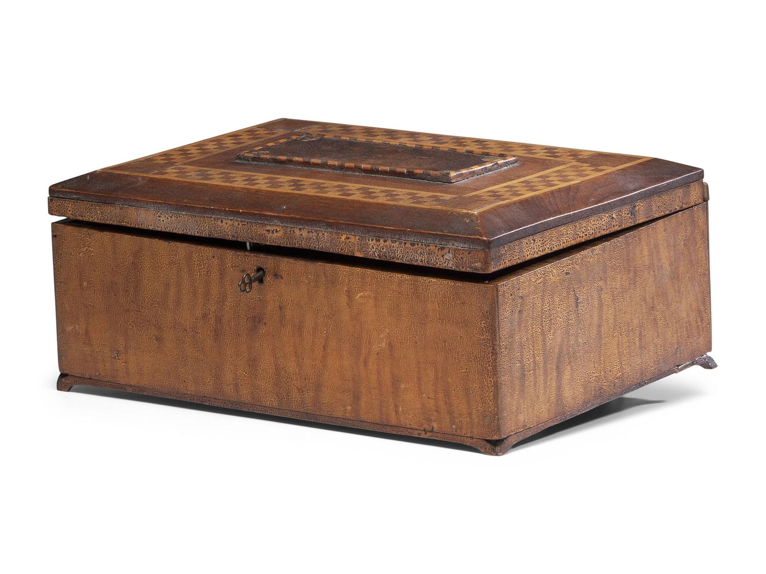 A Prisoner Made Figured Maple and Marquetry Inlaid Box with Turtles and Frogs, 19th Century