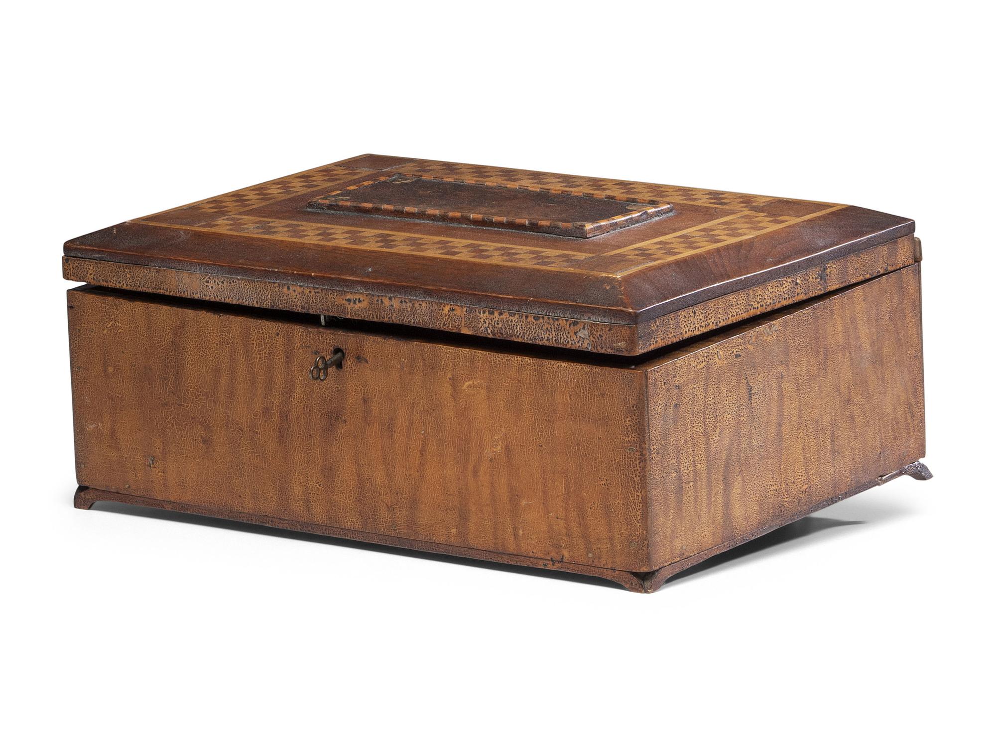 A Prisoner Made Figured Maple and Marquetry Inlaid Box with Turtles and Frogs, 19th Century