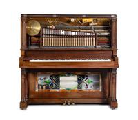 An American Mahogany and Leaded Glass Mounted Orchestrion with an Upholstered Bench