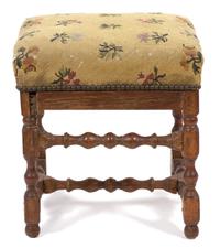 A Jacobean Style Footstool Height 18 x width 17 1/2 x depth 15 1/2 inches.