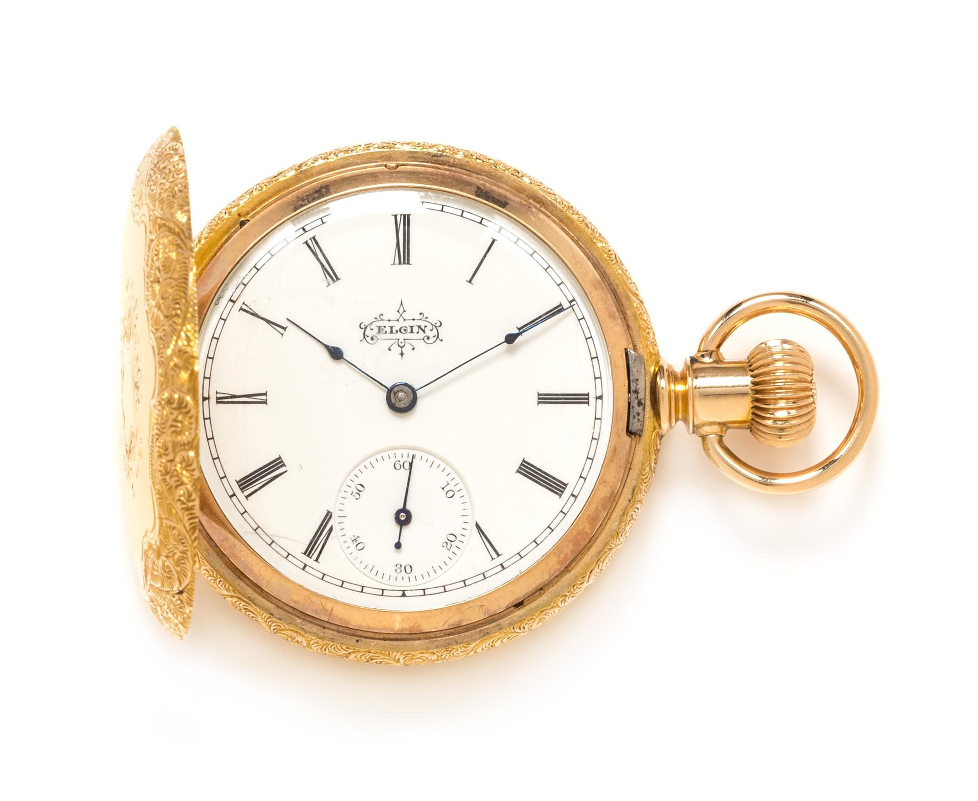 A 14 Karat Yellow Gold Hunter Case Pocket Watch, Elgin, Circa 1894, 34.10 dwts.