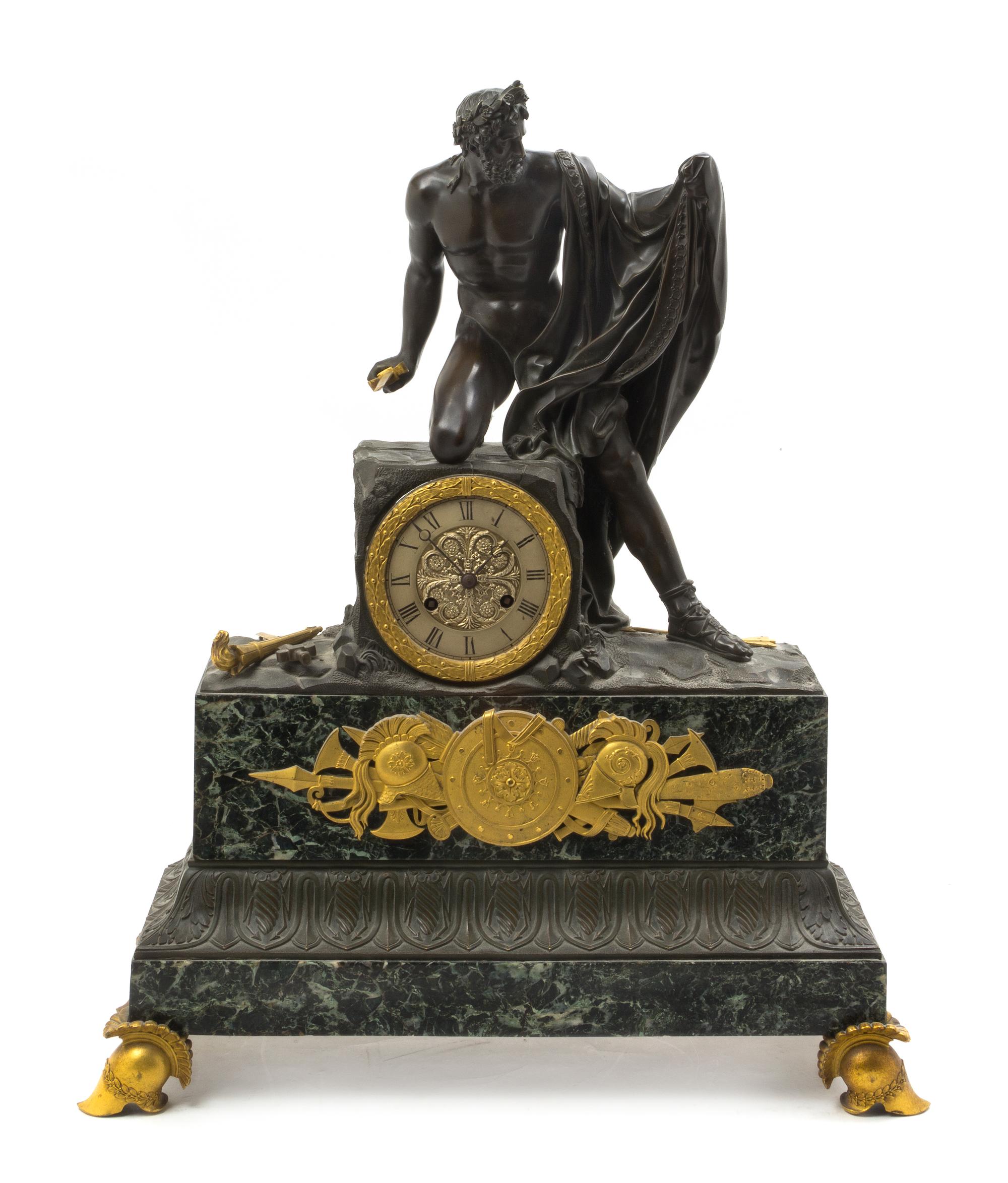 A French Gilt and Patinated Bronze Mounted Figural Mantel Clock, Height 24 3/4 x width 20 1/4 x depth 7 3/8 inches.