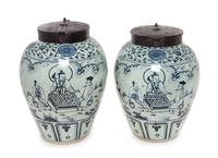 A Pair of Chinese Blue and White Porcelain Tea Jars Height 23 1/2 inches. — 20TH CENTURY