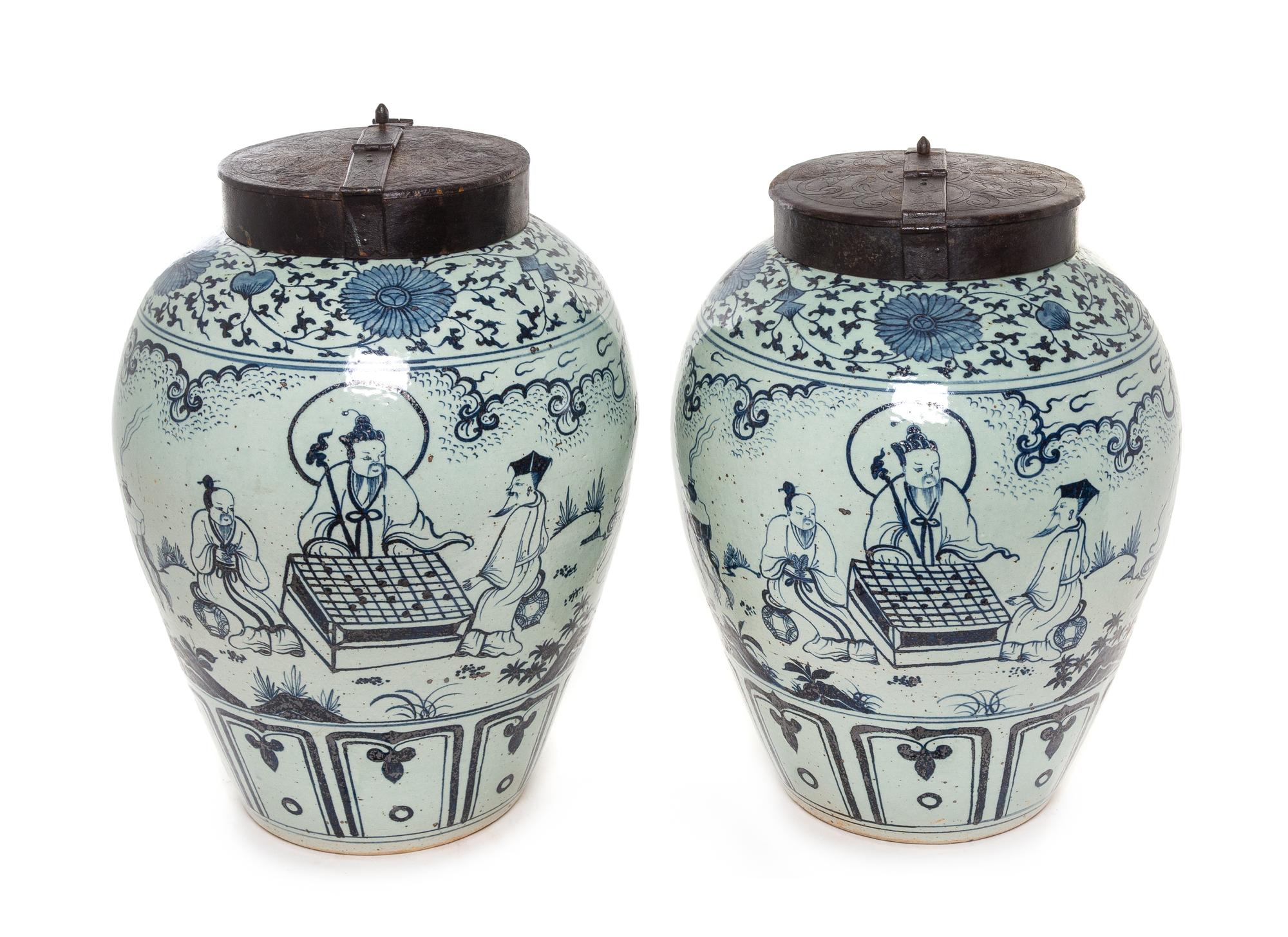 A Pair of Chinese Blue and White Porcelain Tea Jars Height 23 1/2 inches. — 20TH CENTURY