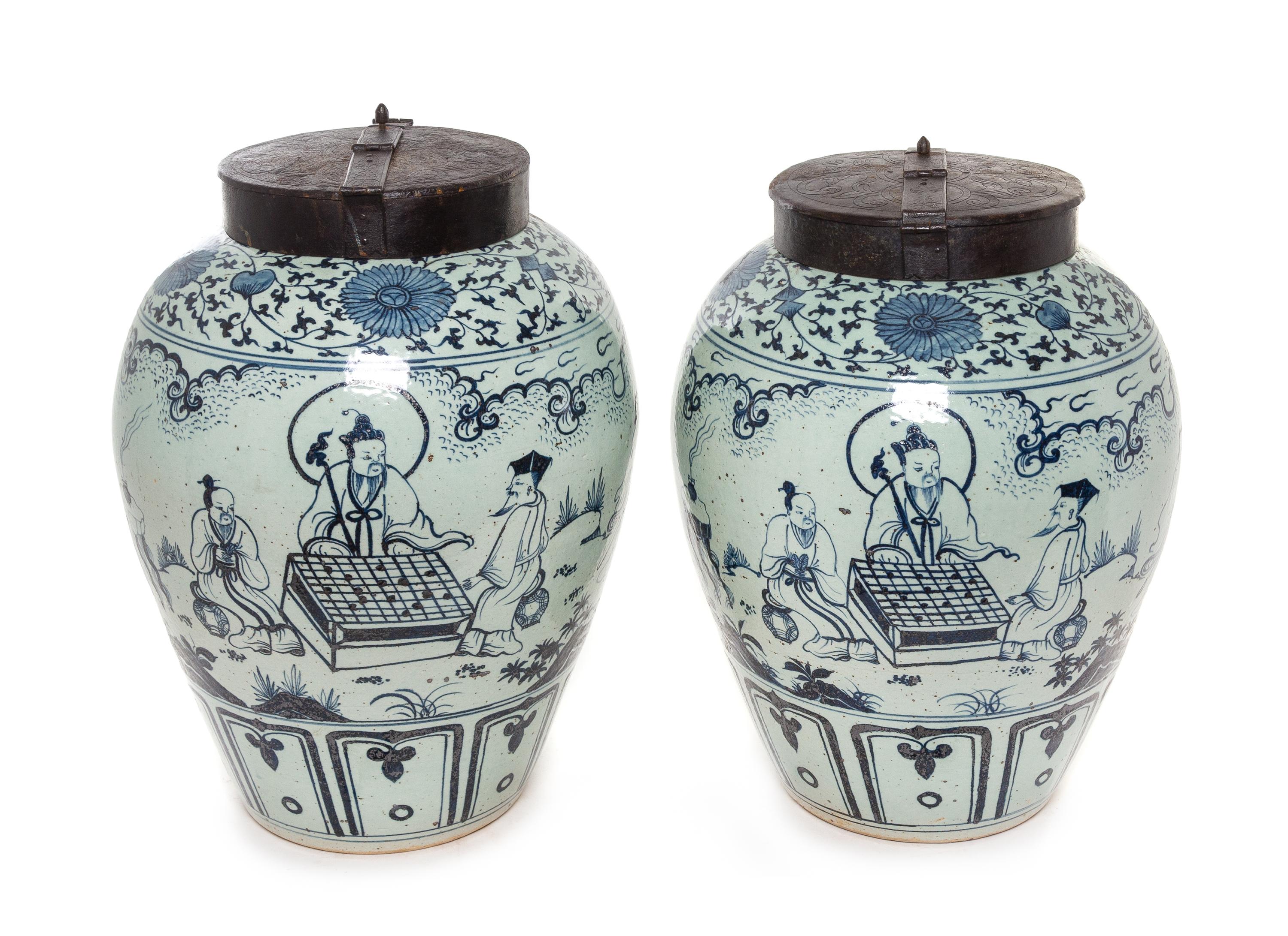 A Pair of Chinese Blue and White Porcelain Tea Jars Height 23 1/2 inches. — 20TH CENTURY