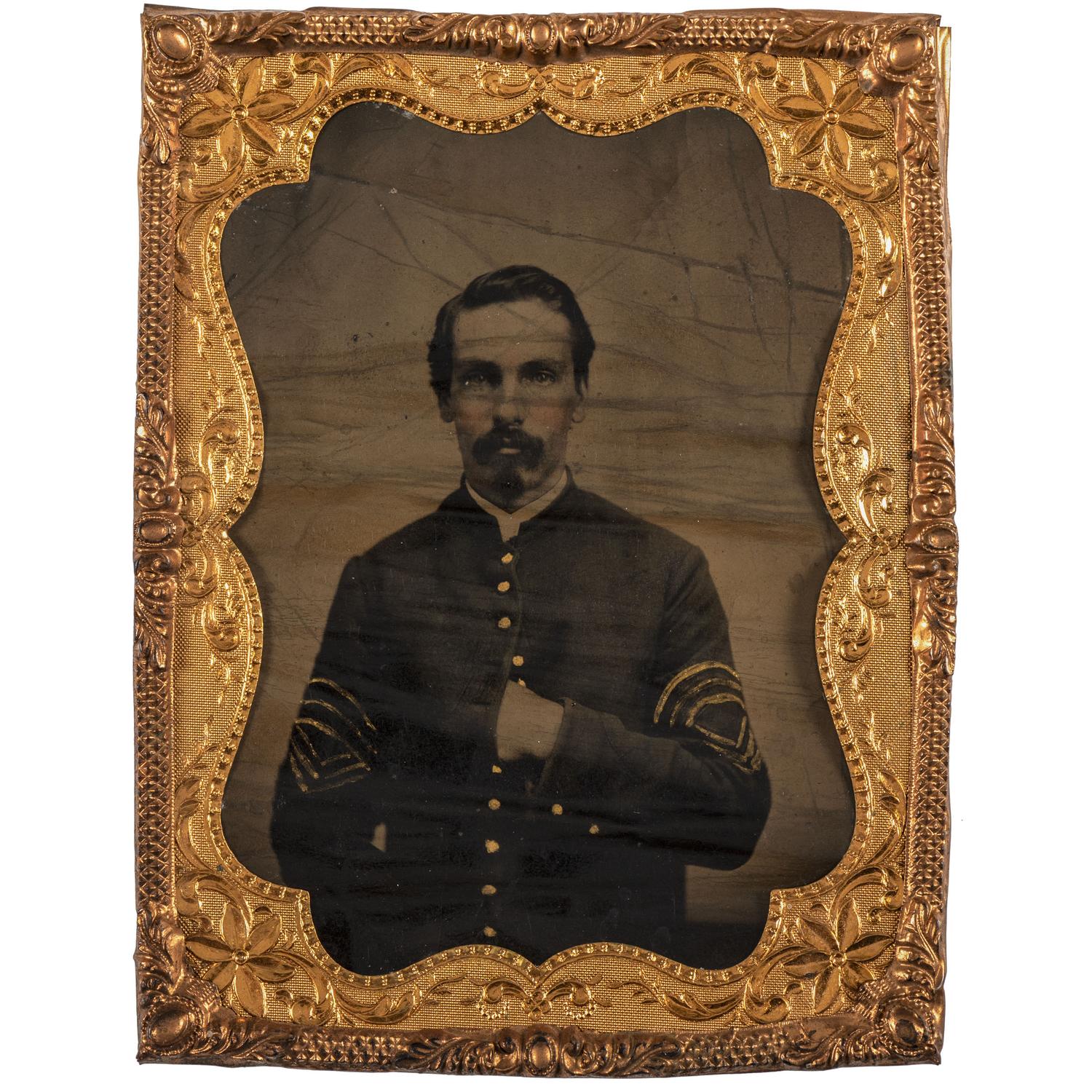 A group of items identified to Sergeant Major John S. Dollinger, 1st Ohio Volunteer Cavalry, incl. sergeant major chevrons and quarter plate tintype.