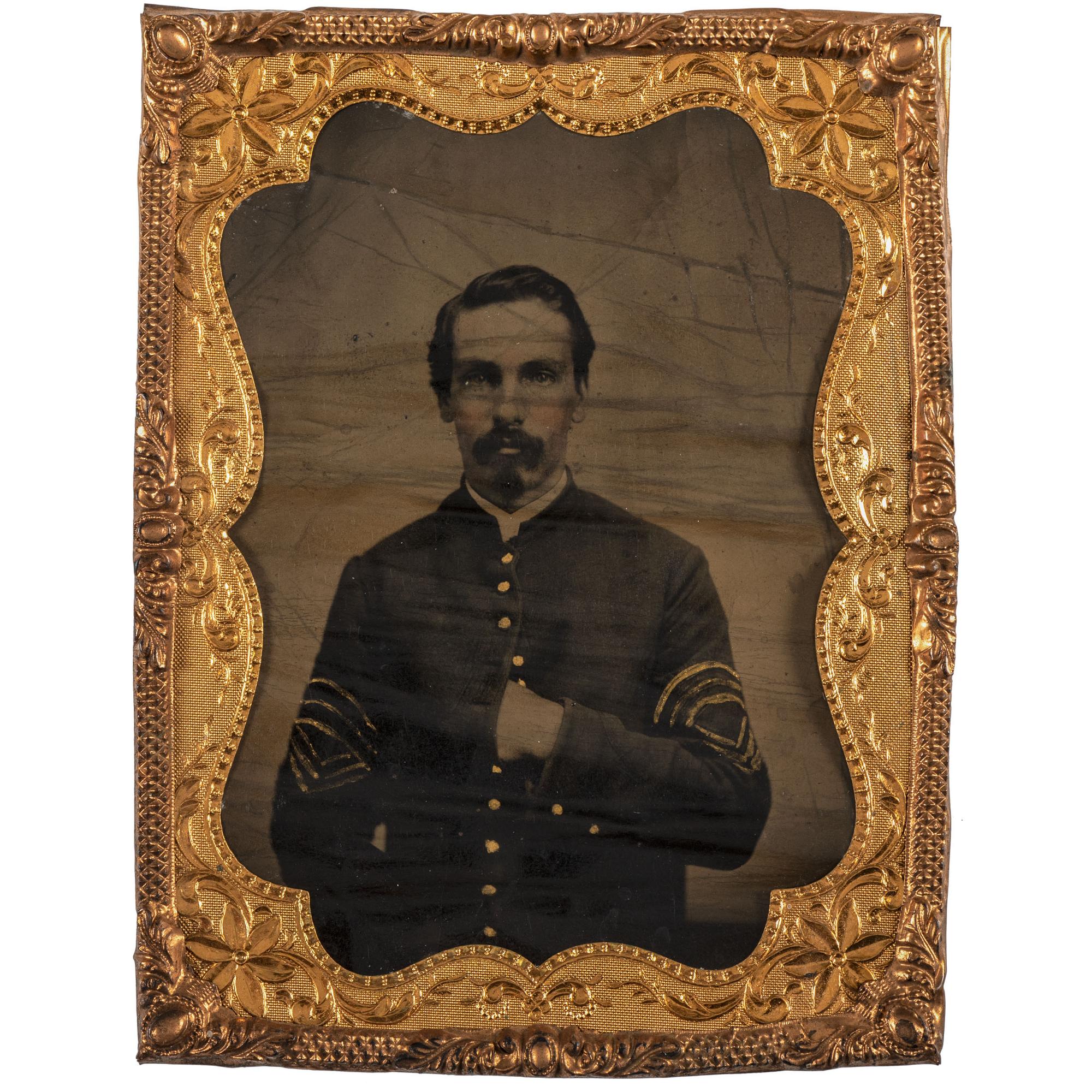 A group of items identified to Sergeant Major John S. Dollinger, 1st Ohio Volunteer Cavalry, incl. sergeant major chevrons and quarter plate tintype.