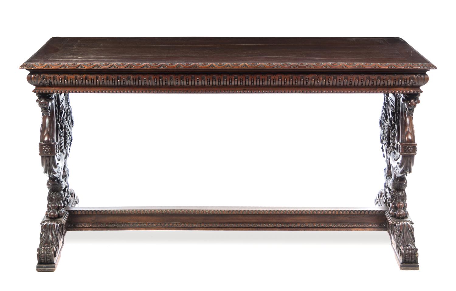 A Renaissance Revival Mahogany Library Table Height 31 x width 58 1/4 x depth 31 7/8 inches. — LATE 19TH/EARLY 20TH CENTURY