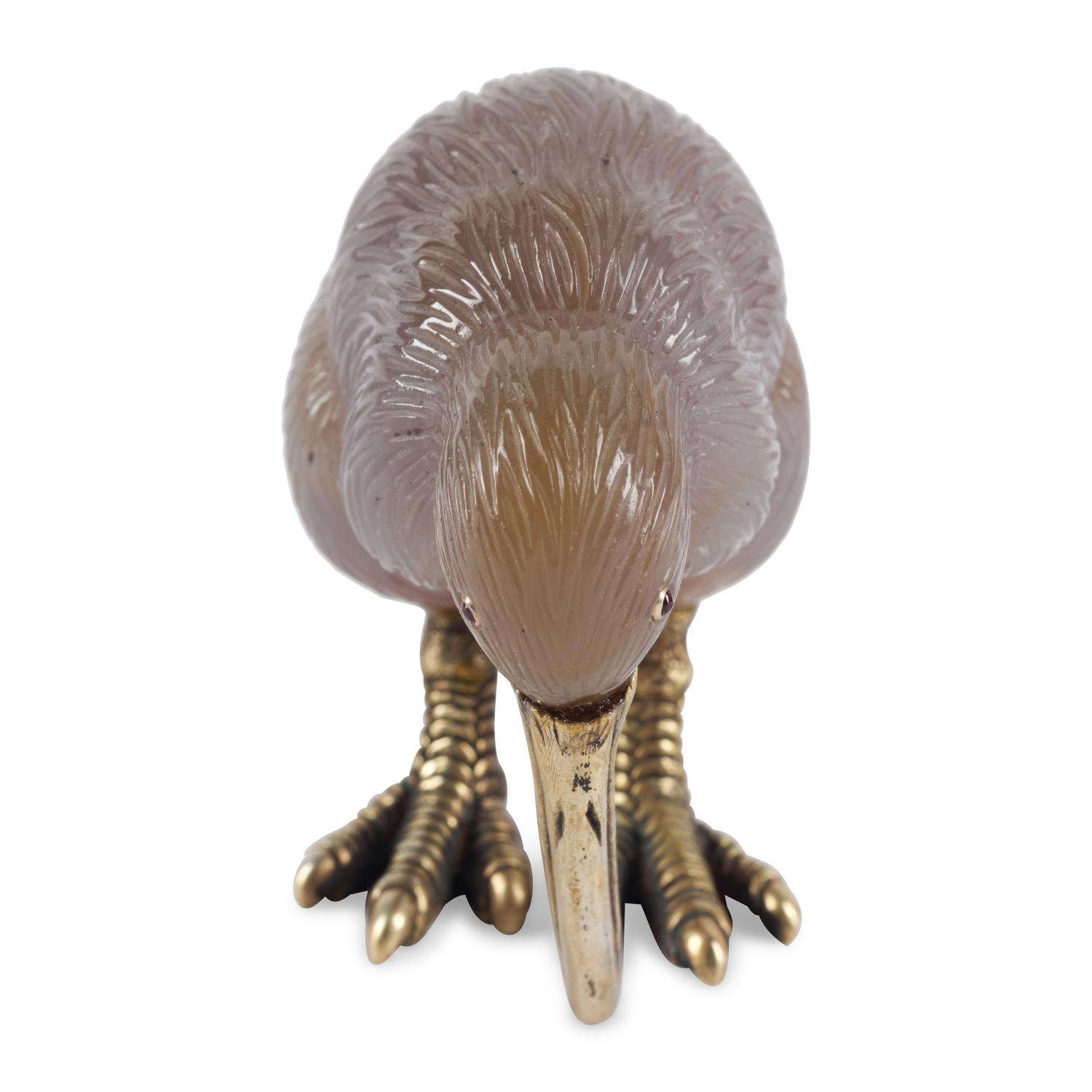 A Carved Agate, 14-Karat Gold and Cabochon Mounted Model of a Kiwi Bird