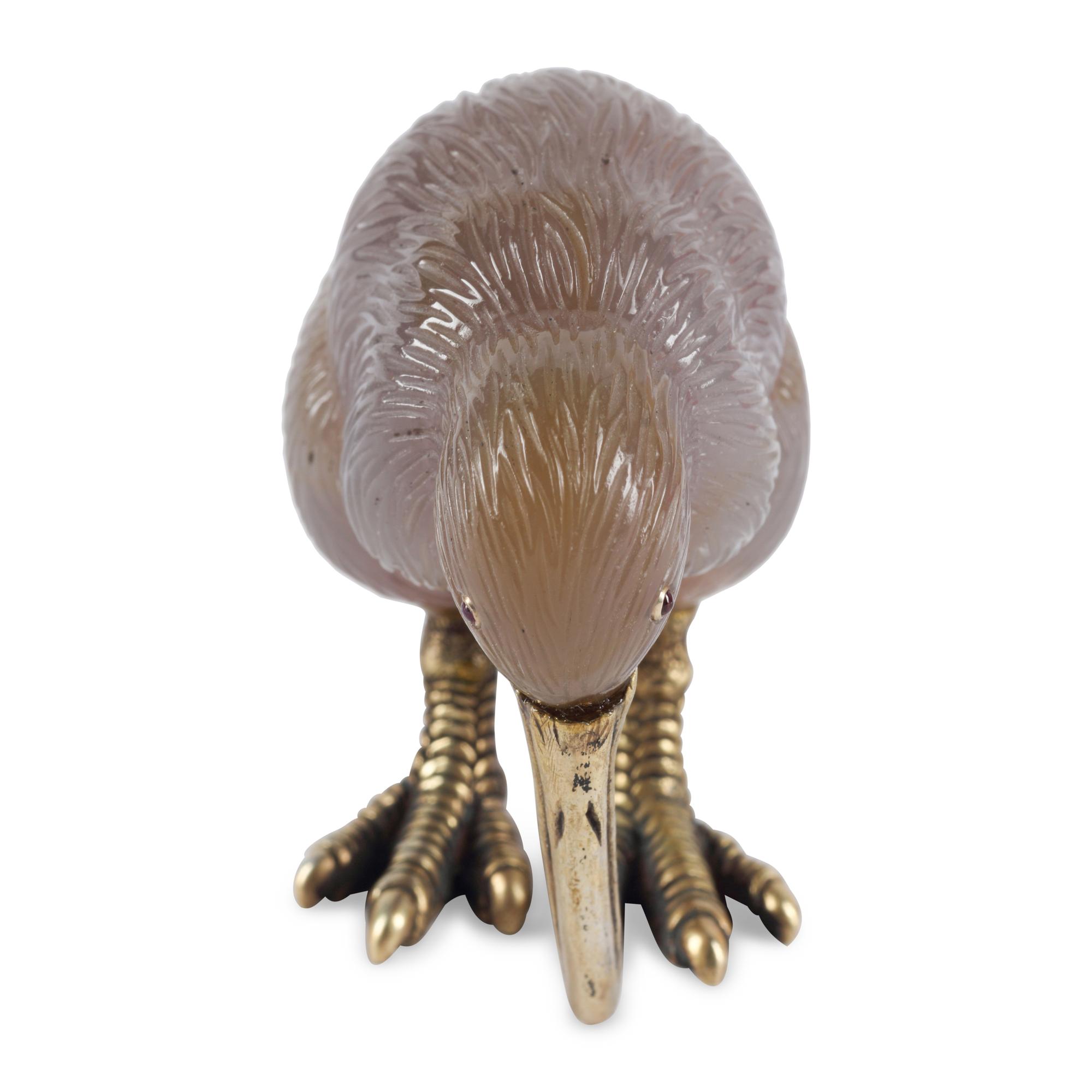 A Carved Agate, 14-Karat Gold and Cabochon Mounted Model of a Kiwi Bird