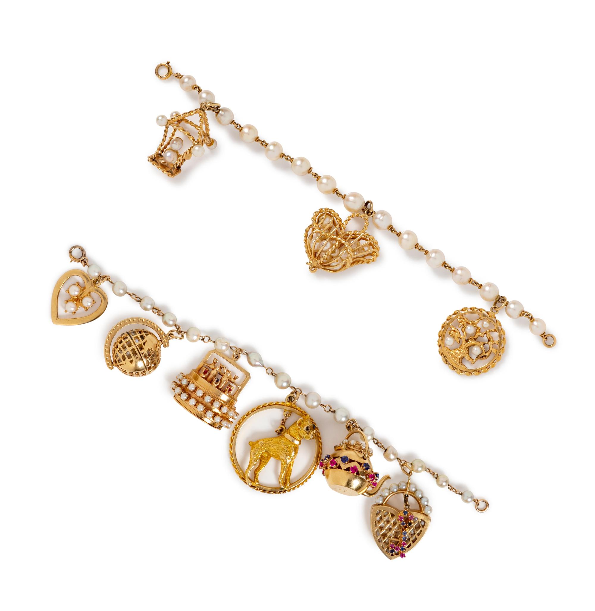 A Pair of Yellow Gold, Cultured Pearl and Multigem Charm Bracelets,