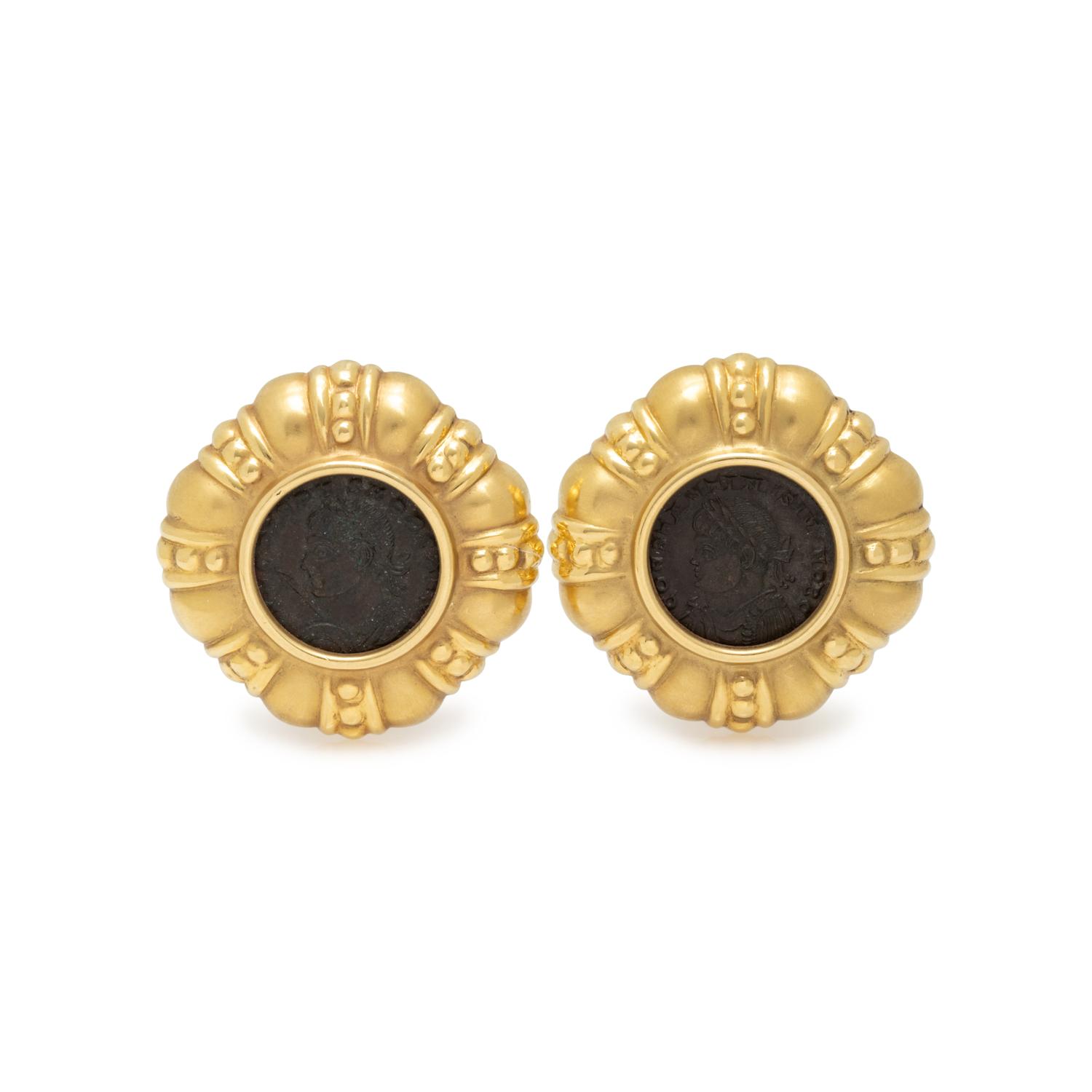 YELLOW GOLD AND ROMAN COIN EARCLIPS