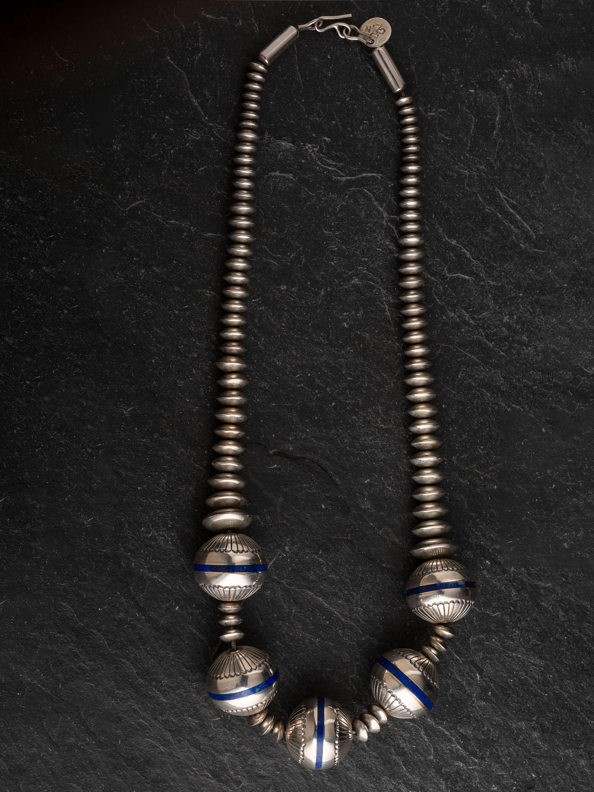 Silver and Lapis Graduated Navajo Pearl Necklace