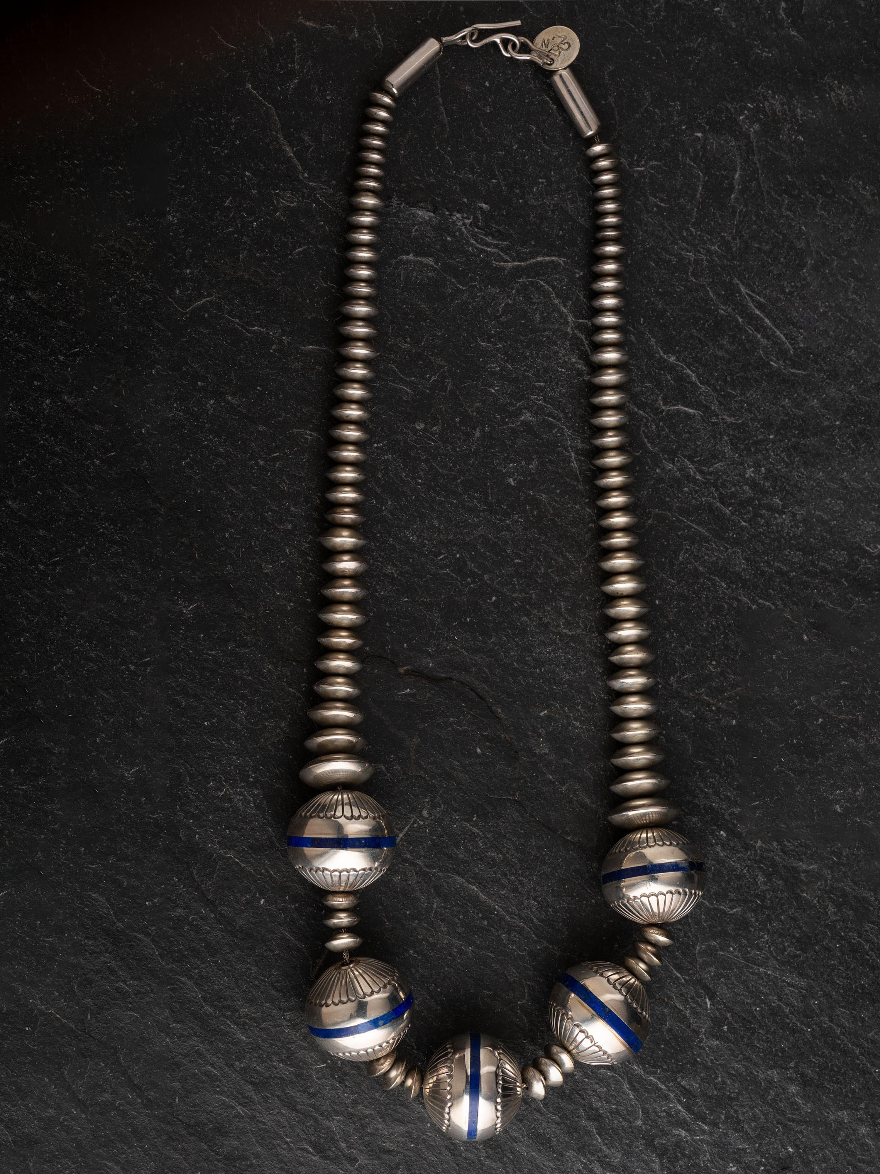 Silver and Lapis Graduated Navajo Pearl Necklace