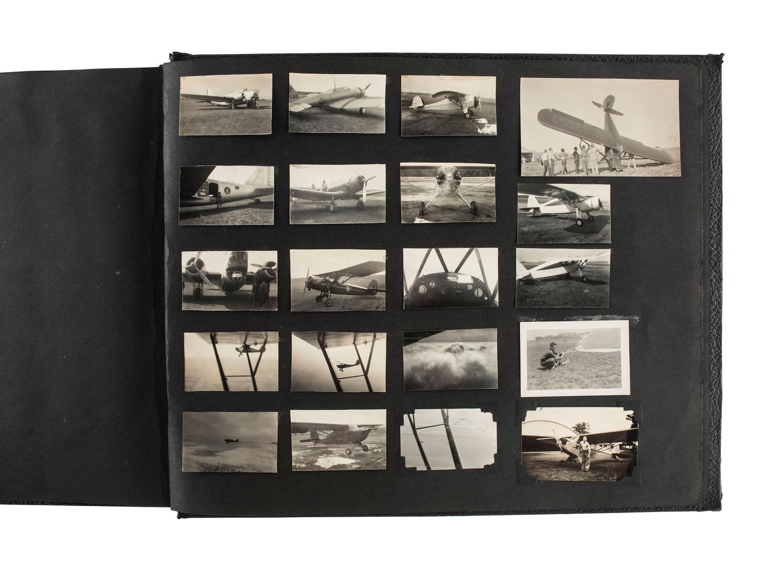 [AVIATION] -- [EARLY PHOTOGRAPHY]. Personal album featuring over 125 photographs of airplanes and pilots as well as other modes of transportation, snapshots, and travel views. Ca 1930s-1940s.