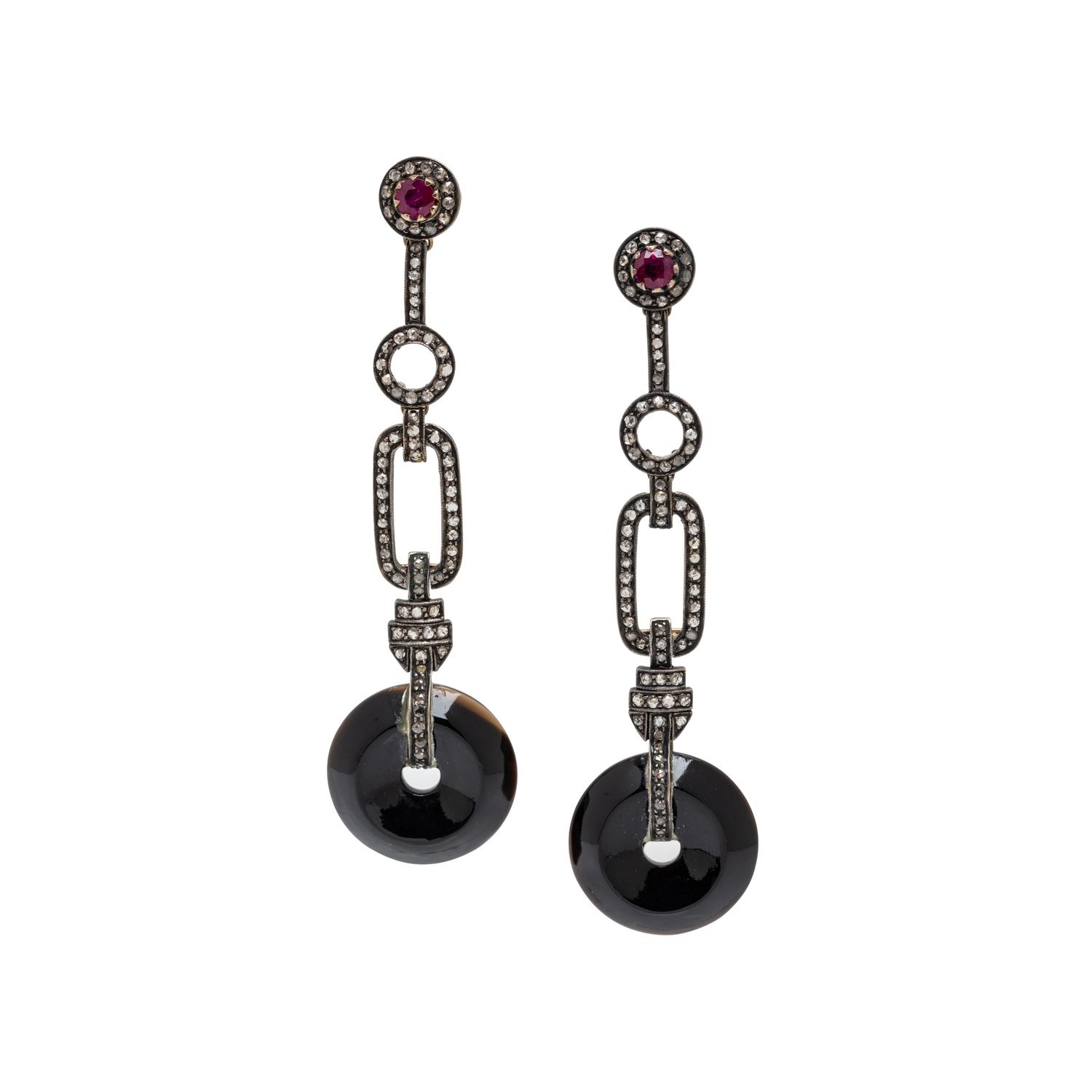 BLACK ONYX, DIAMOND, AND RUBY PENDANT EARRINGS
