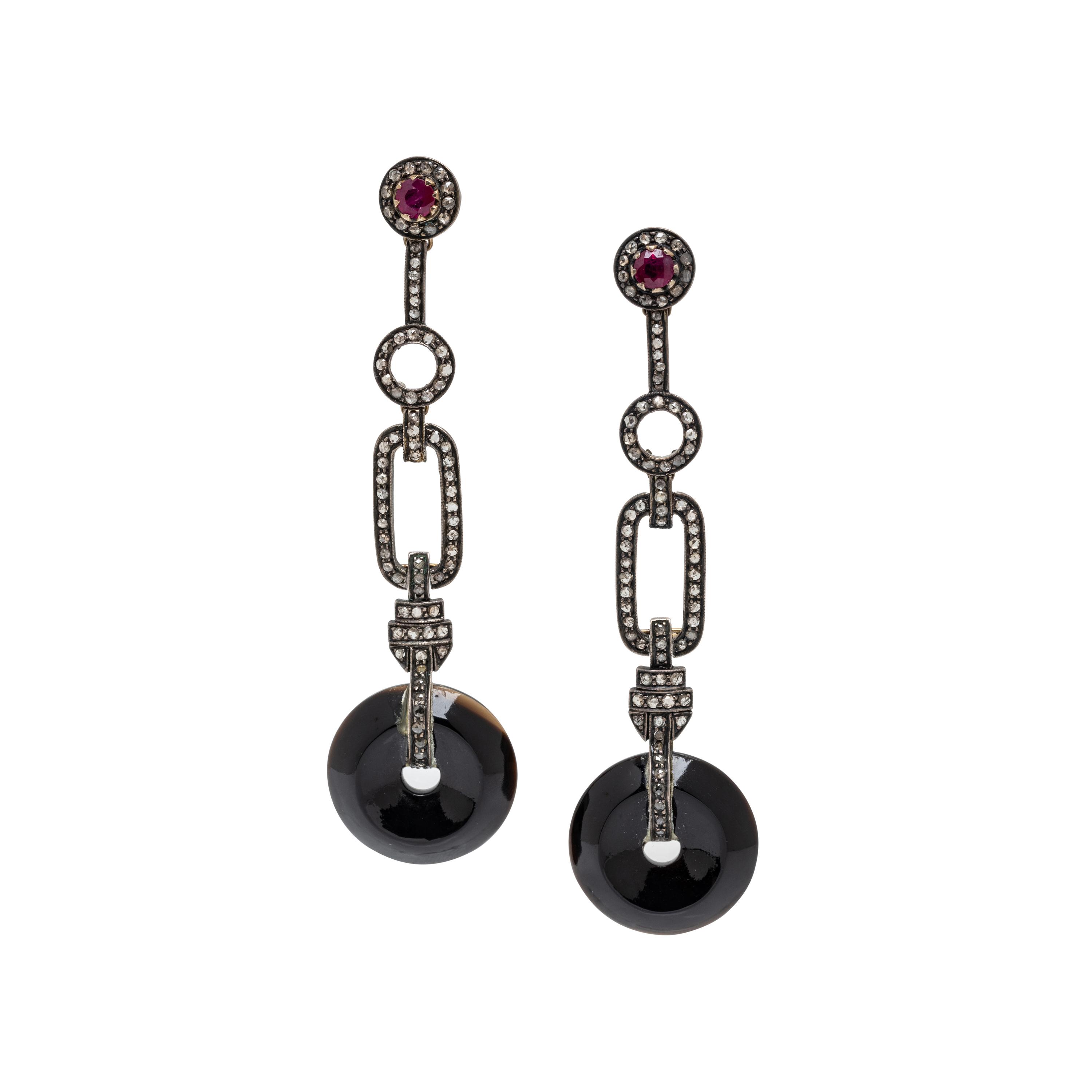 BLACK ONYX, DIAMOND, AND RUBY PENDANT EARRINGS