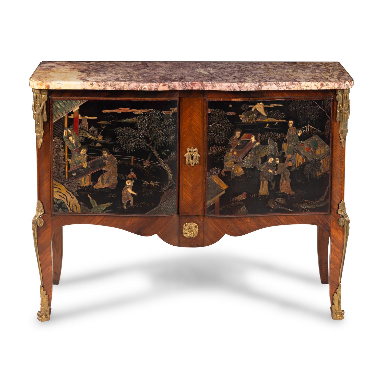 A Louis XVI Style Gilt Bronze Mounted Tulipwood and Chinese Lacquer Marble-Top Commode