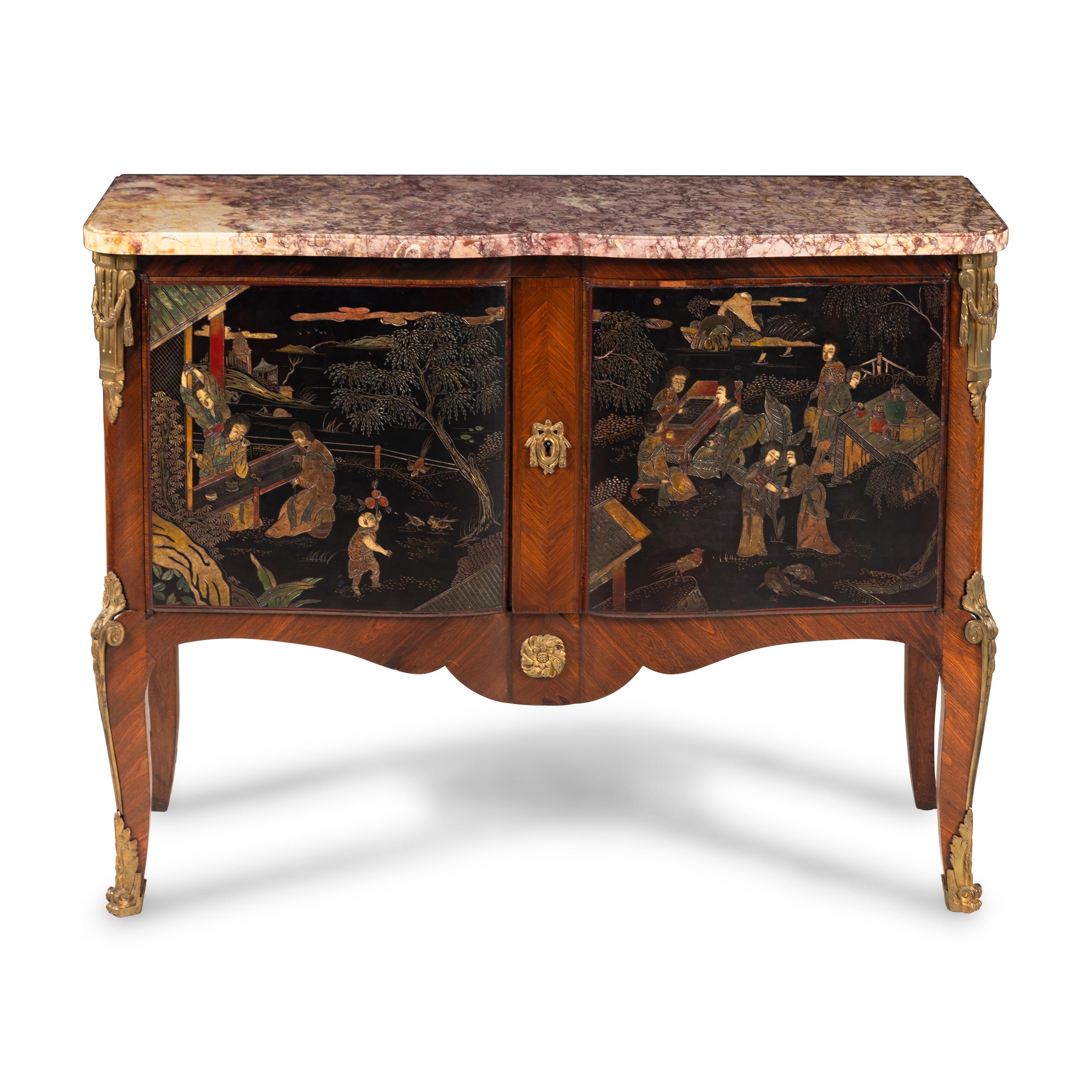 A Louis XVI Style Gilt Bronze Mounted Tulipwood and Chinese Lacquer Marble-Top Commode