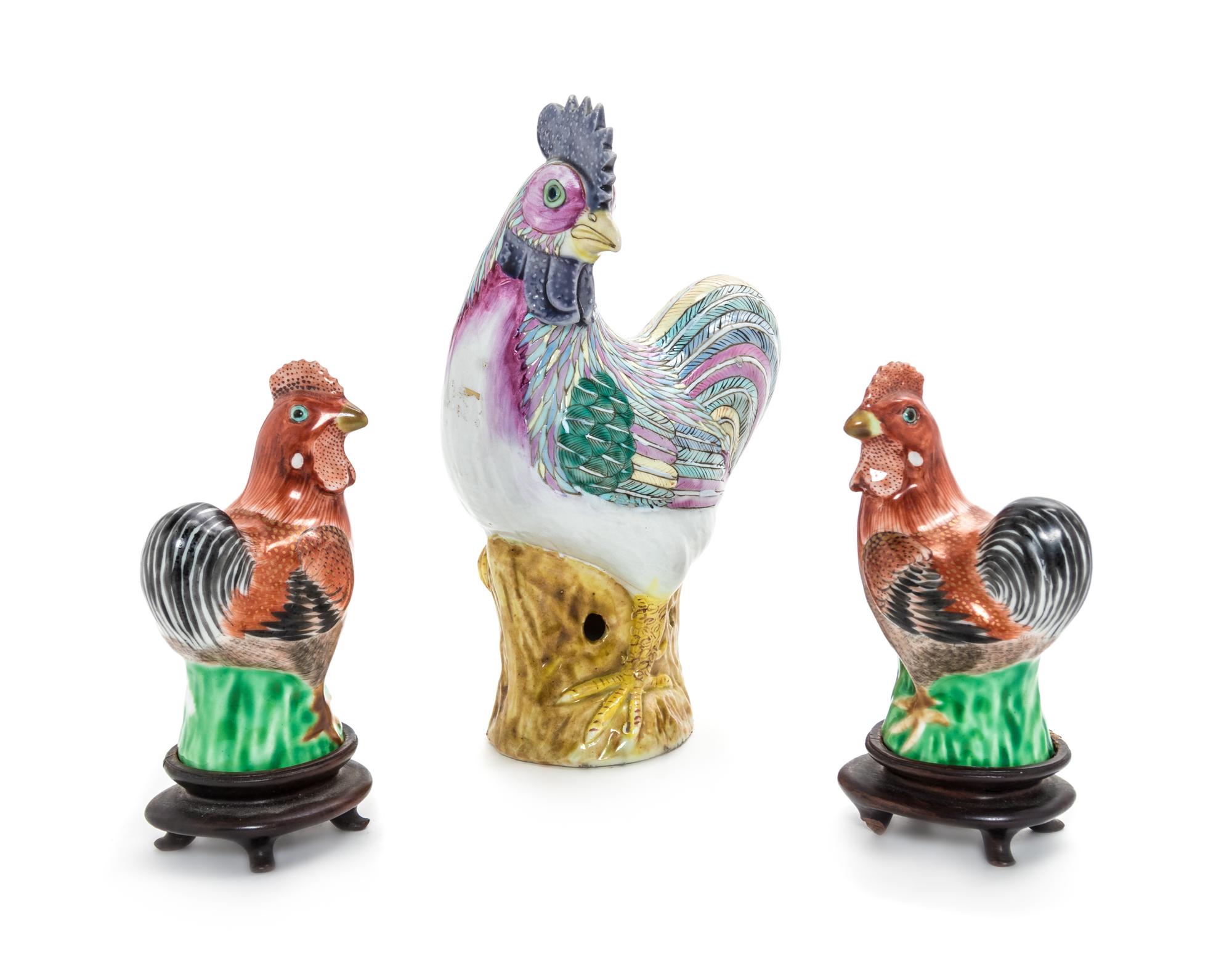 Three Chinese Export Porcelain Figures of Roosters