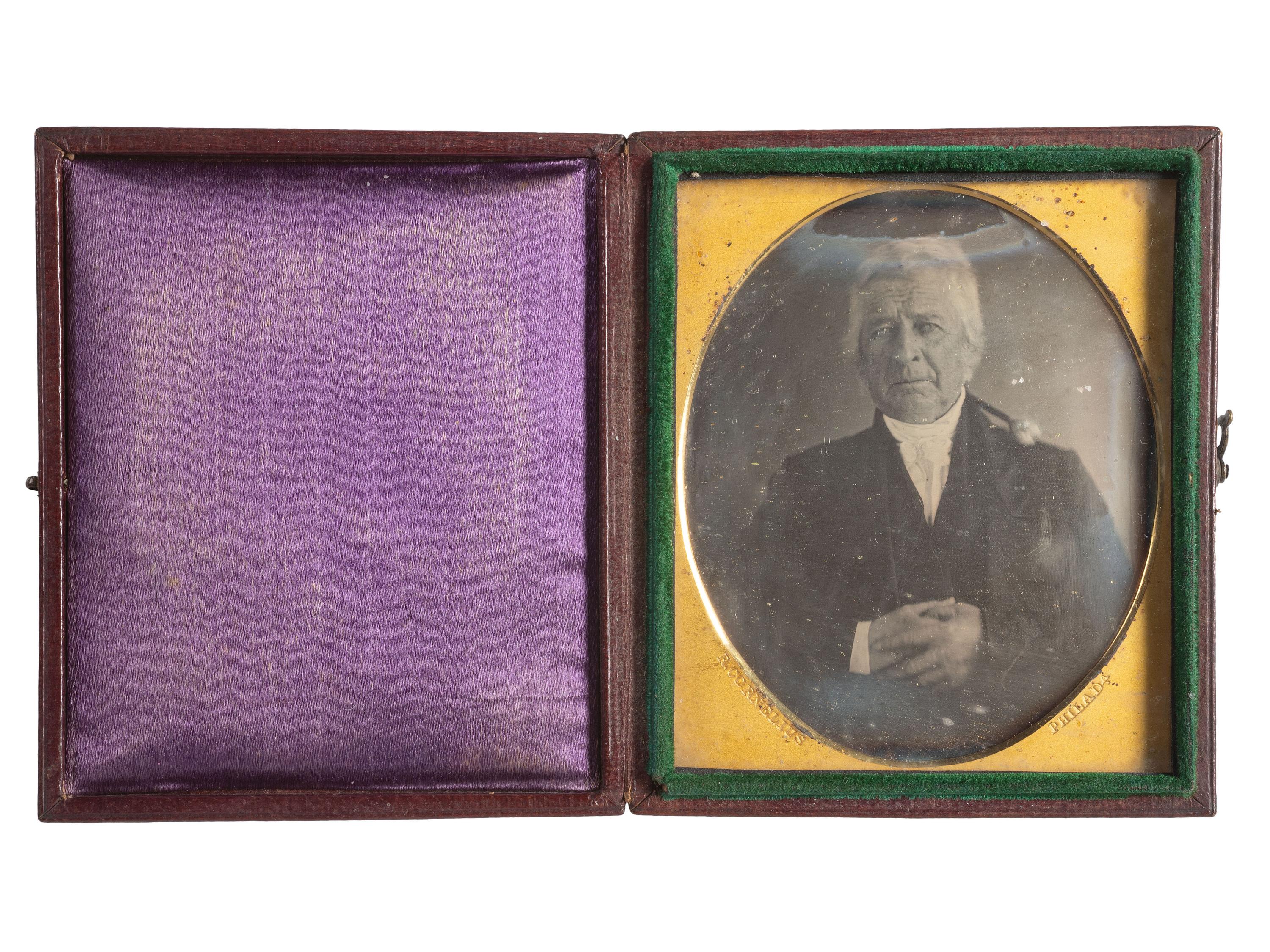 [EARLY PHOTOGRAPHY]. CORNELIUS, Robert, photographer. Sixth plate daguerreotype of an aged gentleman identified as William Jenkins. Philadelphia, ca 1843. [ With: ] Jenkins family photograph and documentation.