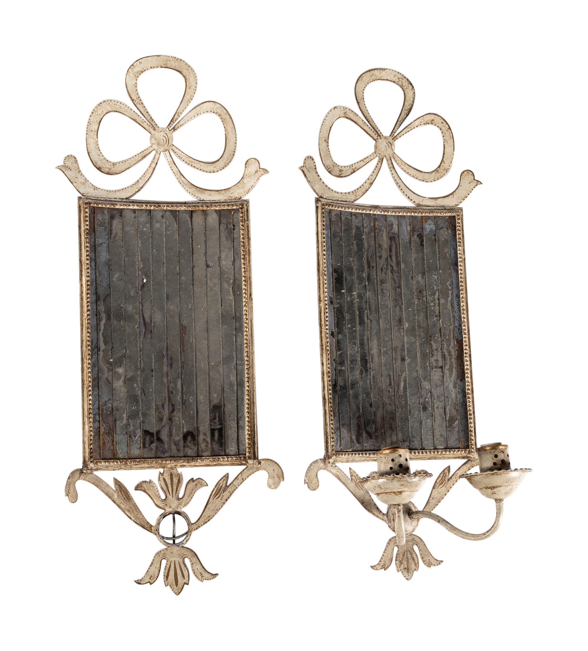 A Pair of French Tole and Mirror Two-Light Wall Lights