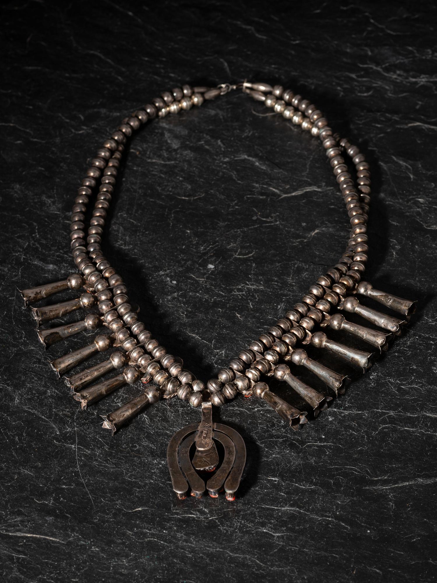 Navajo Silver and Coral Squash Blossom Necklace
