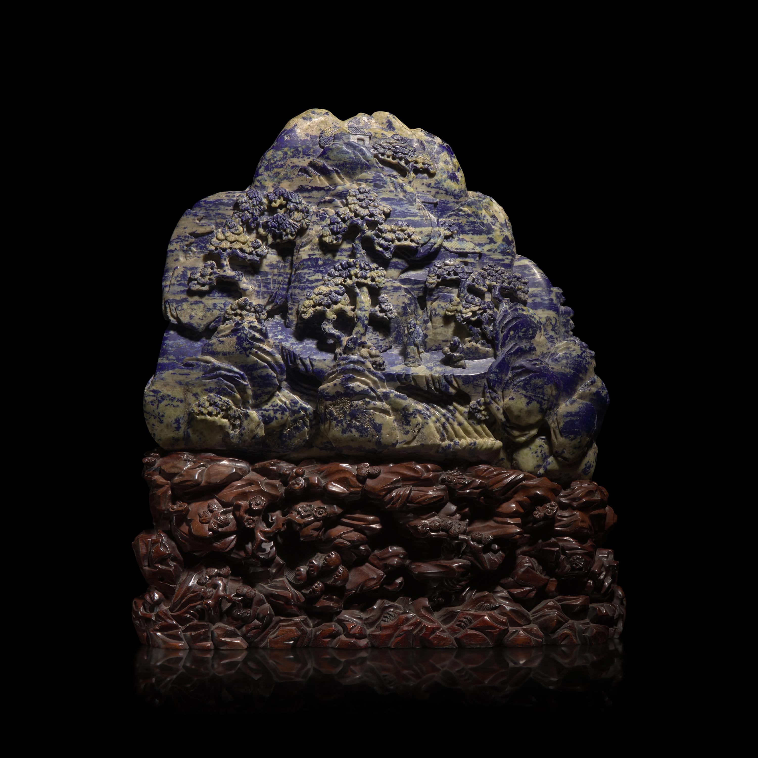 A Large Chinese Lapis Lazuli 'Eight Immortals Crossing the River' Boulder, Qing Dynasty — 清 青金石雕羅漢渡江山子
