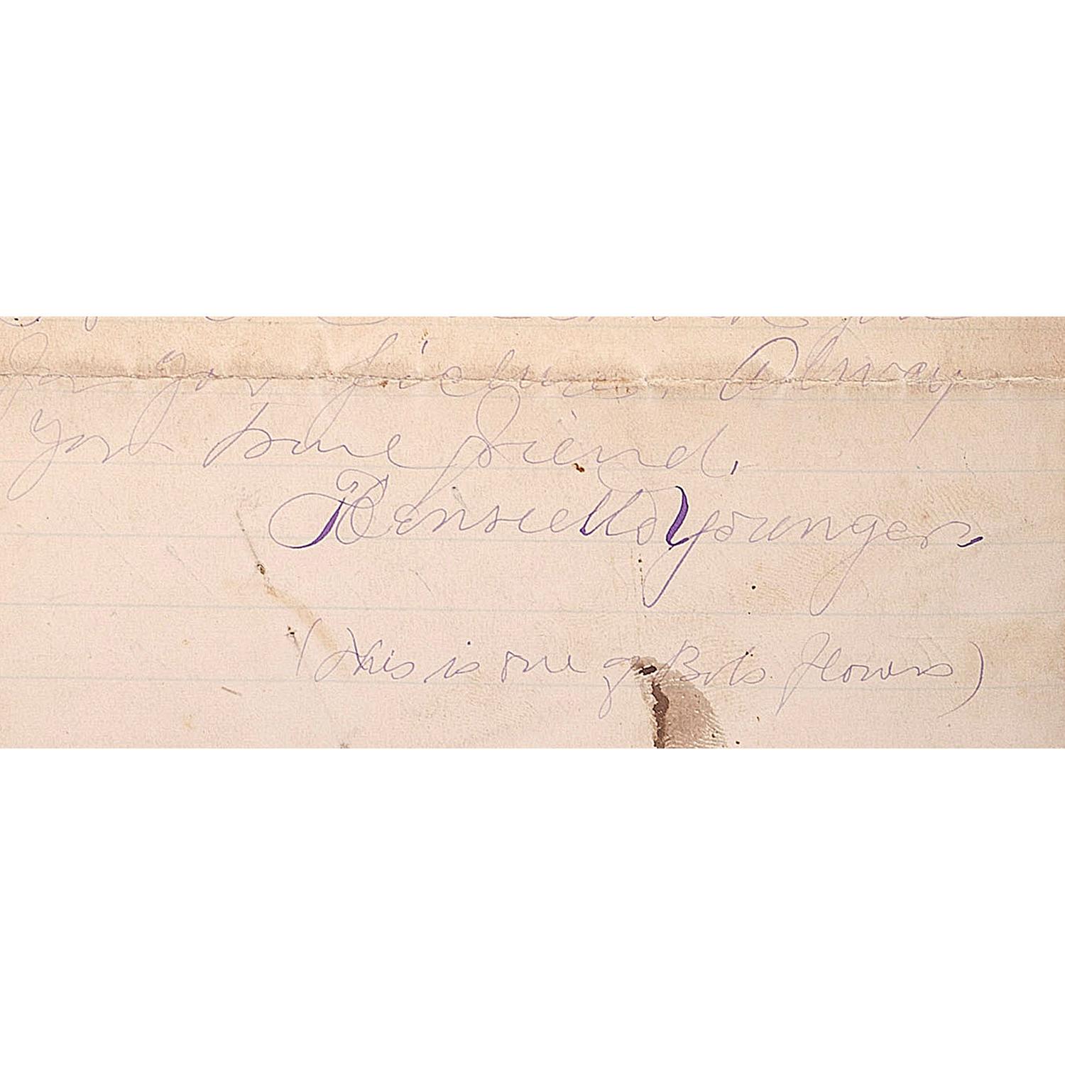 [OUTLAWS & LAWMEN]. YOUNGER, Henrietta (1857-1915). Autograph letter signed to Miss Louie. Stillwater, MN, 18 July 1889. 4 pages, 8vo, creasing, partial separation at folds repaired with tape.