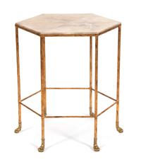 A Modern Gilt Metal and Faux-Goat Skin Hexagonal Side Table Height 29 x diameter 22 inches. — 20TH CENTURY