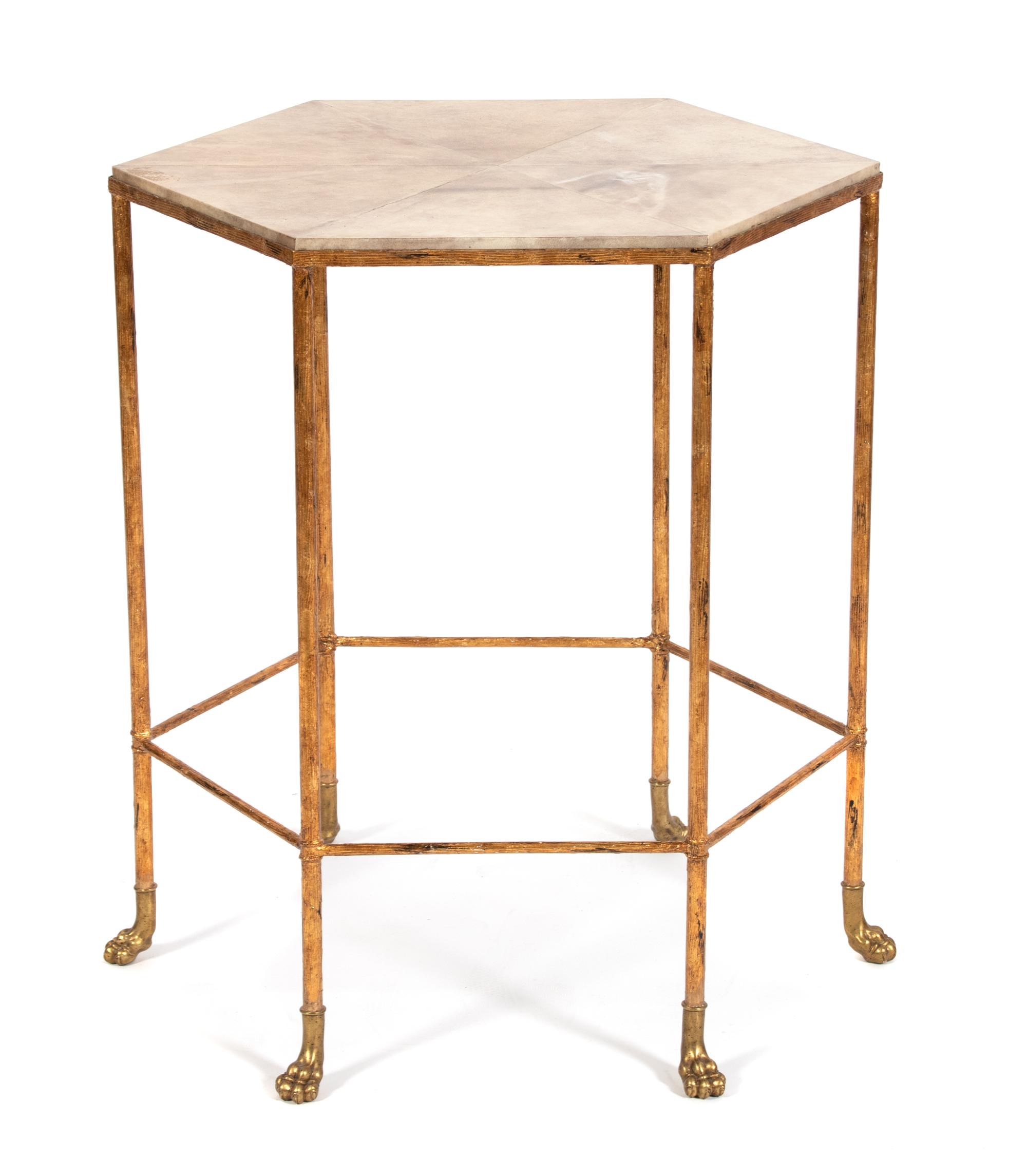 A Modern Gilt Metal and Faux-Goat Skin Hexagonal Side Table Height 29 x diameter 22 inches. — 20TH CENTURY