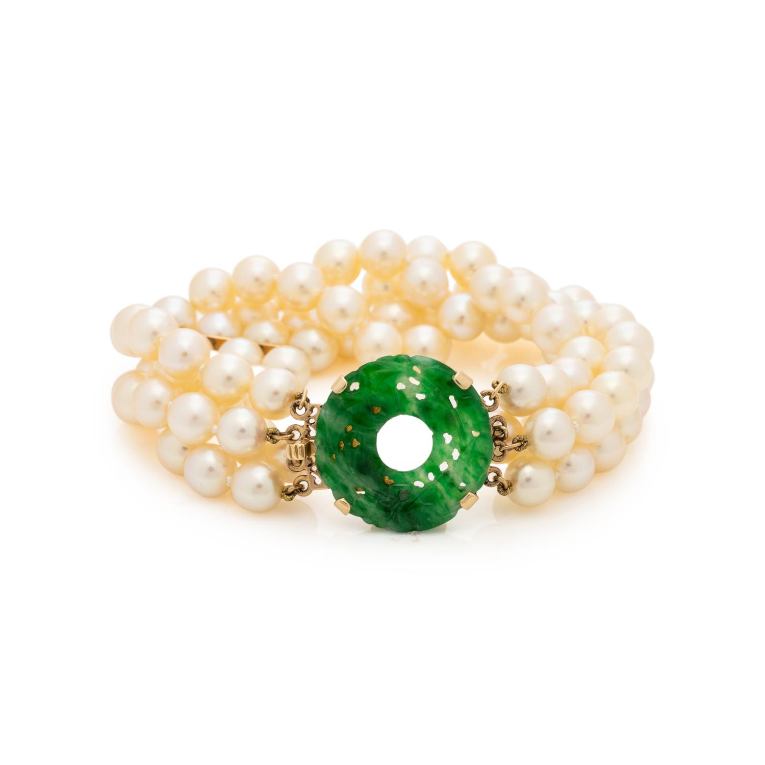 CULTURED PEARL AND JADE BRACELET