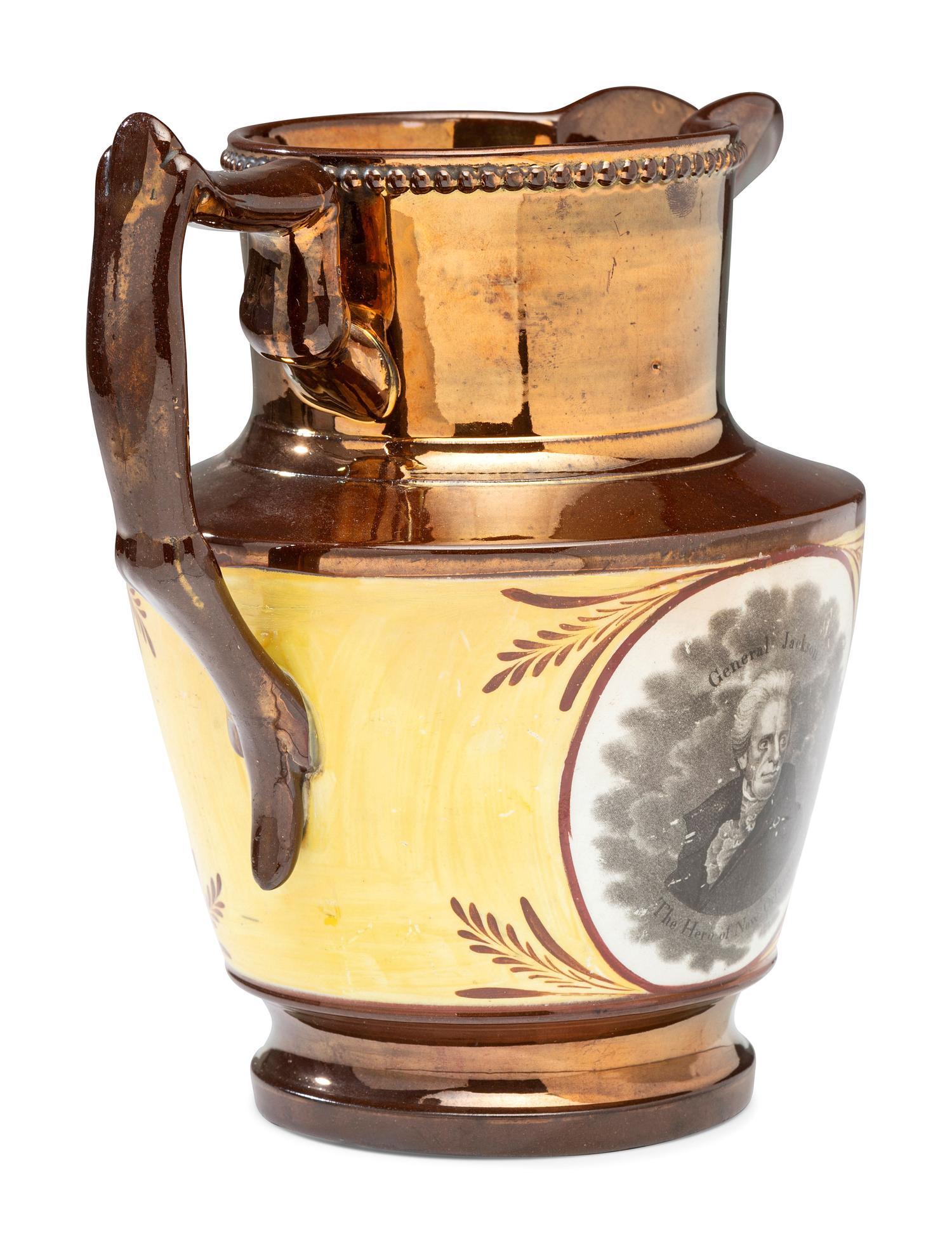 A Staffordshire Transfer-Printed Copper Lustre 'General Jackson Hero of New Orleans' Pitcher