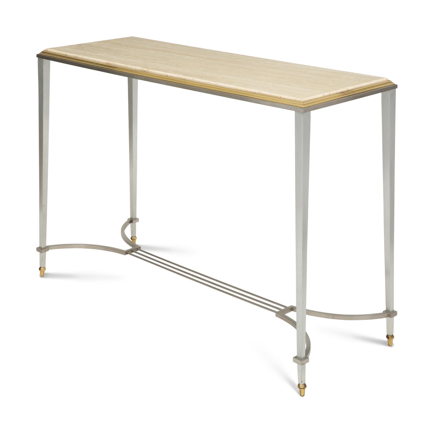 A Brass-Mounted Steel Travertine Top Console Table