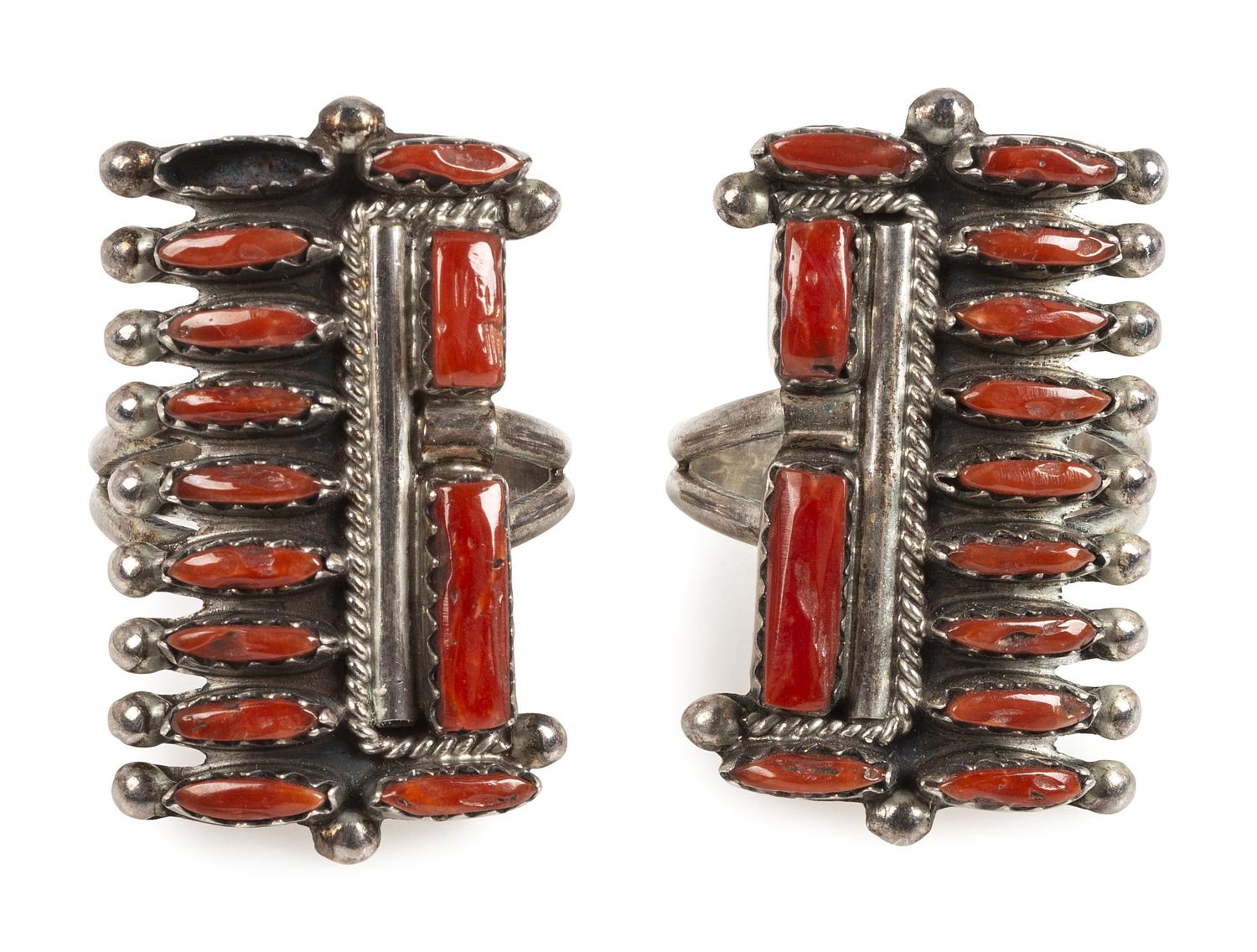 Zuni Sterling Silver and Coral Cluster Earrings AND Rings