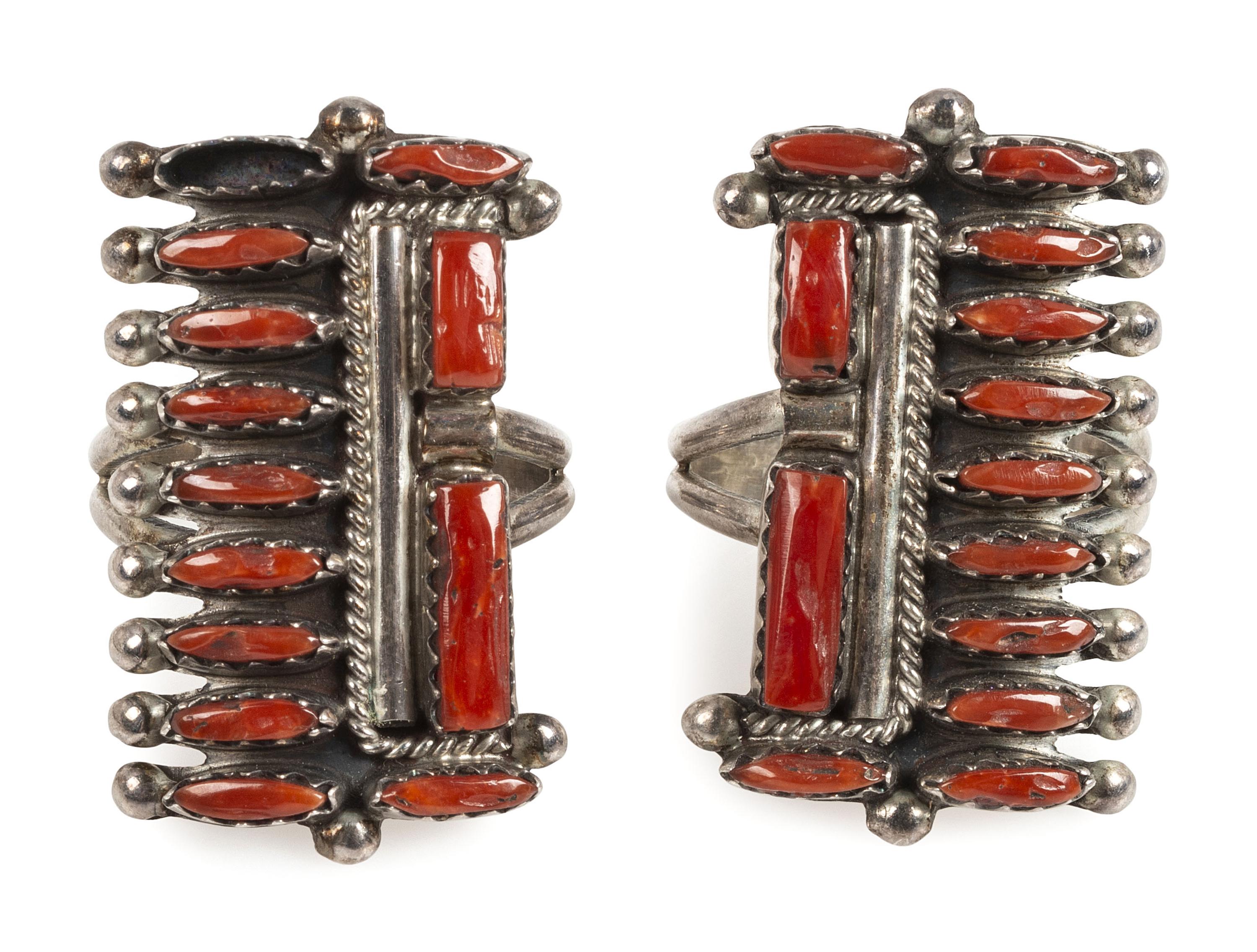 Zuni Sterling Silver and Coral Cluster Earrings AND Rings