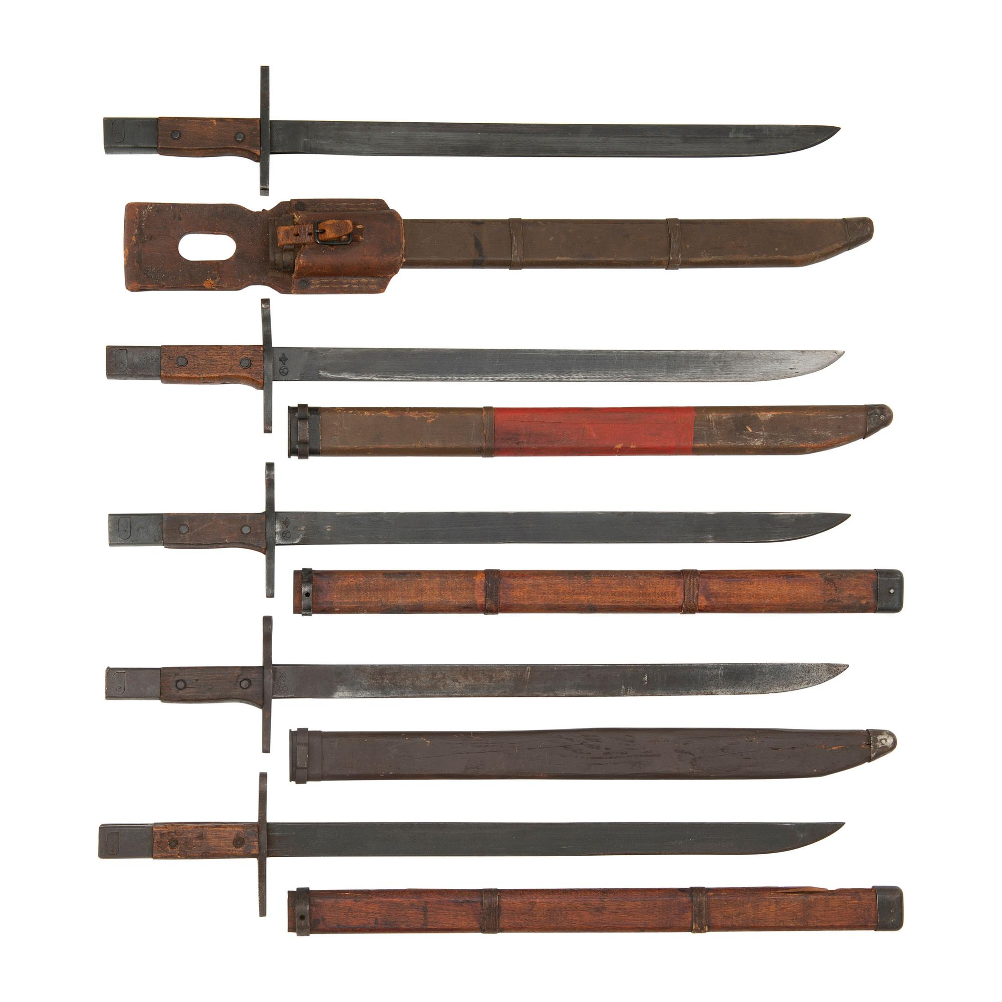 Lot of 5 WWII-era Japanese "Last Ditch" Type 30 Bayonets with Wood Scabbards