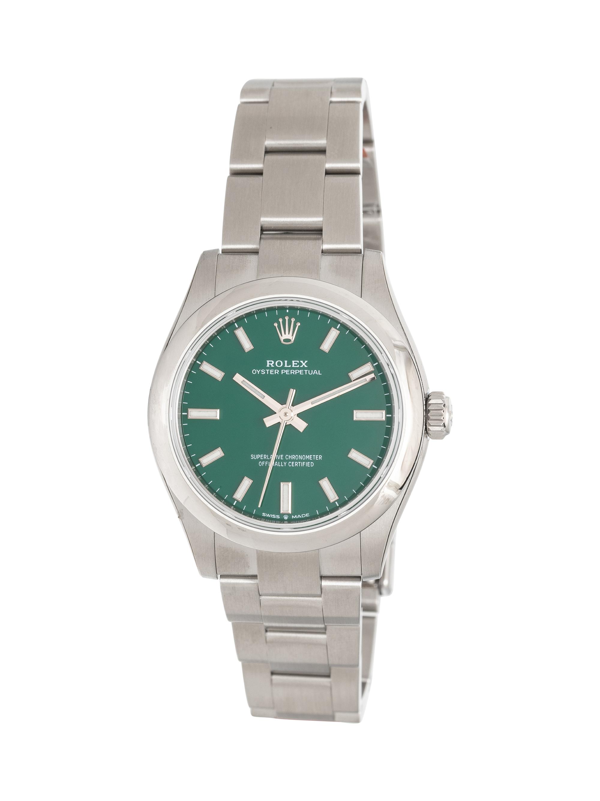 ROLEX, REF. 277200 STAINLESS STEEL 'OYSTER PERPETUAL' WITH GREEN DIAL, BOX & PAPERS