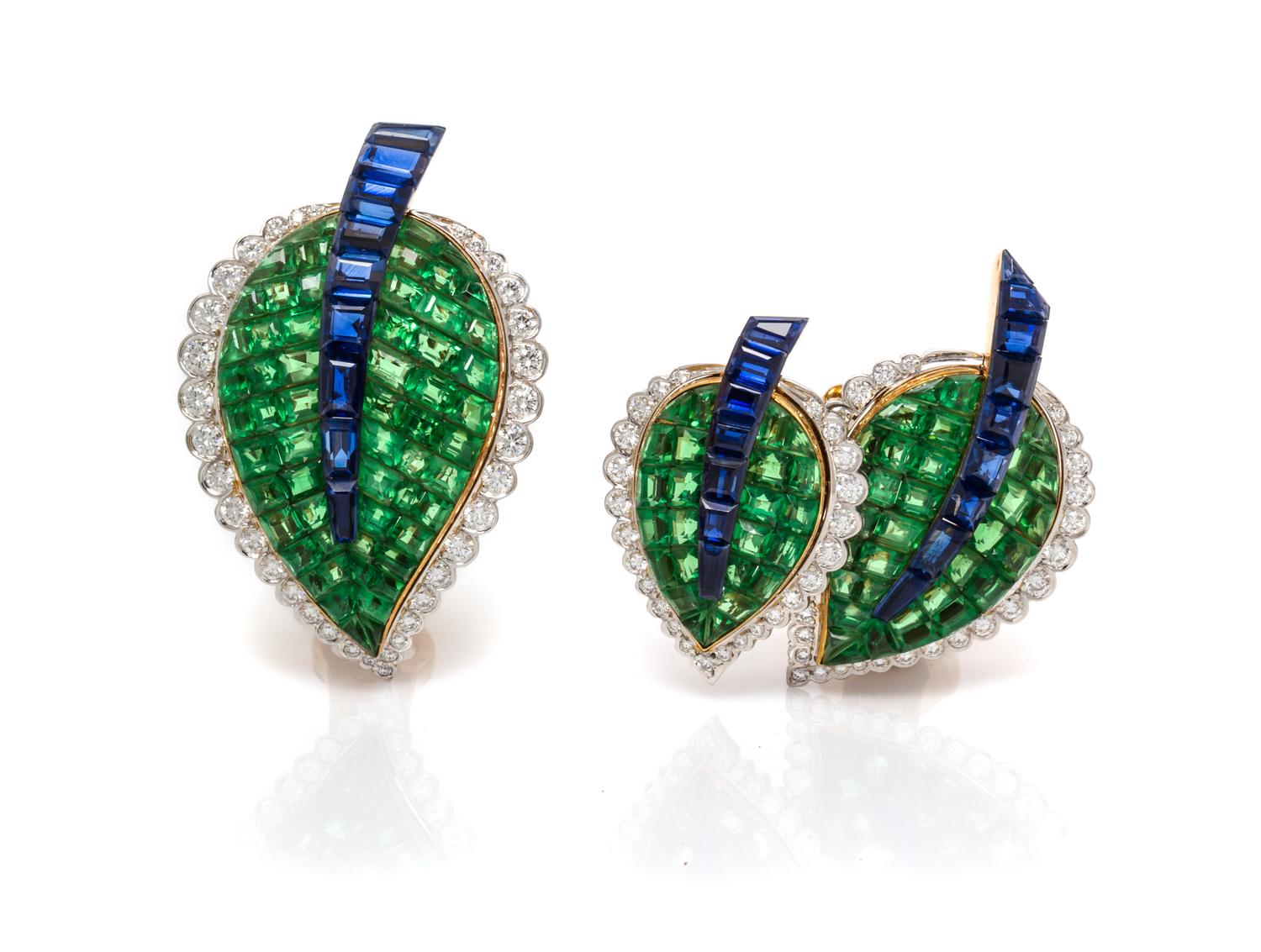 A Pair of Platinum, 18 Karat Yellow Gold, Diamond, Sapphire, and Tsavorite Garnet Earclips, Aletto Brothers