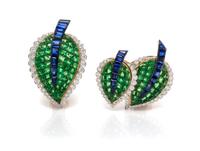 A Pair of Platinum, 18 Karat Yellow Gold, Diamond, Sapphire, and Tsavorite Garnet Earclips, Aletto Brothers